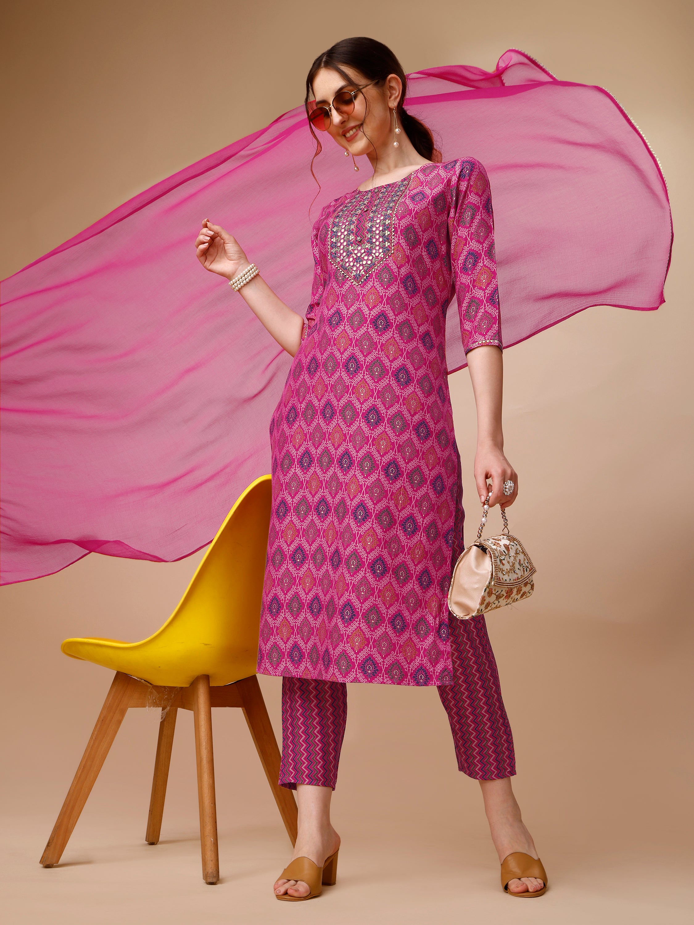 Mirror embroidered & Printed Kurta with pant & dupatta Set