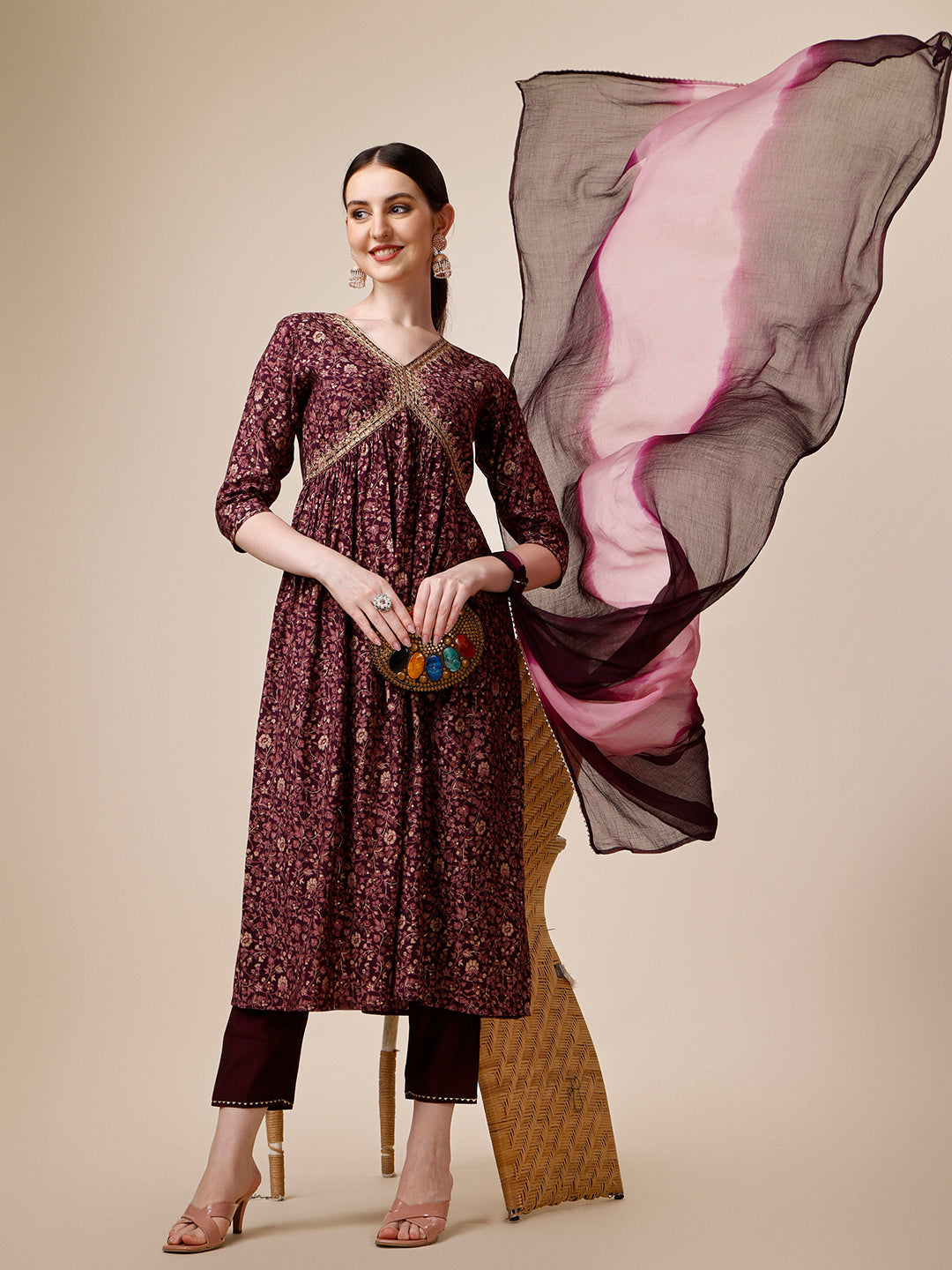 Alia Cut Printed & Embroidered Kurta with Pant and Dupatta Set