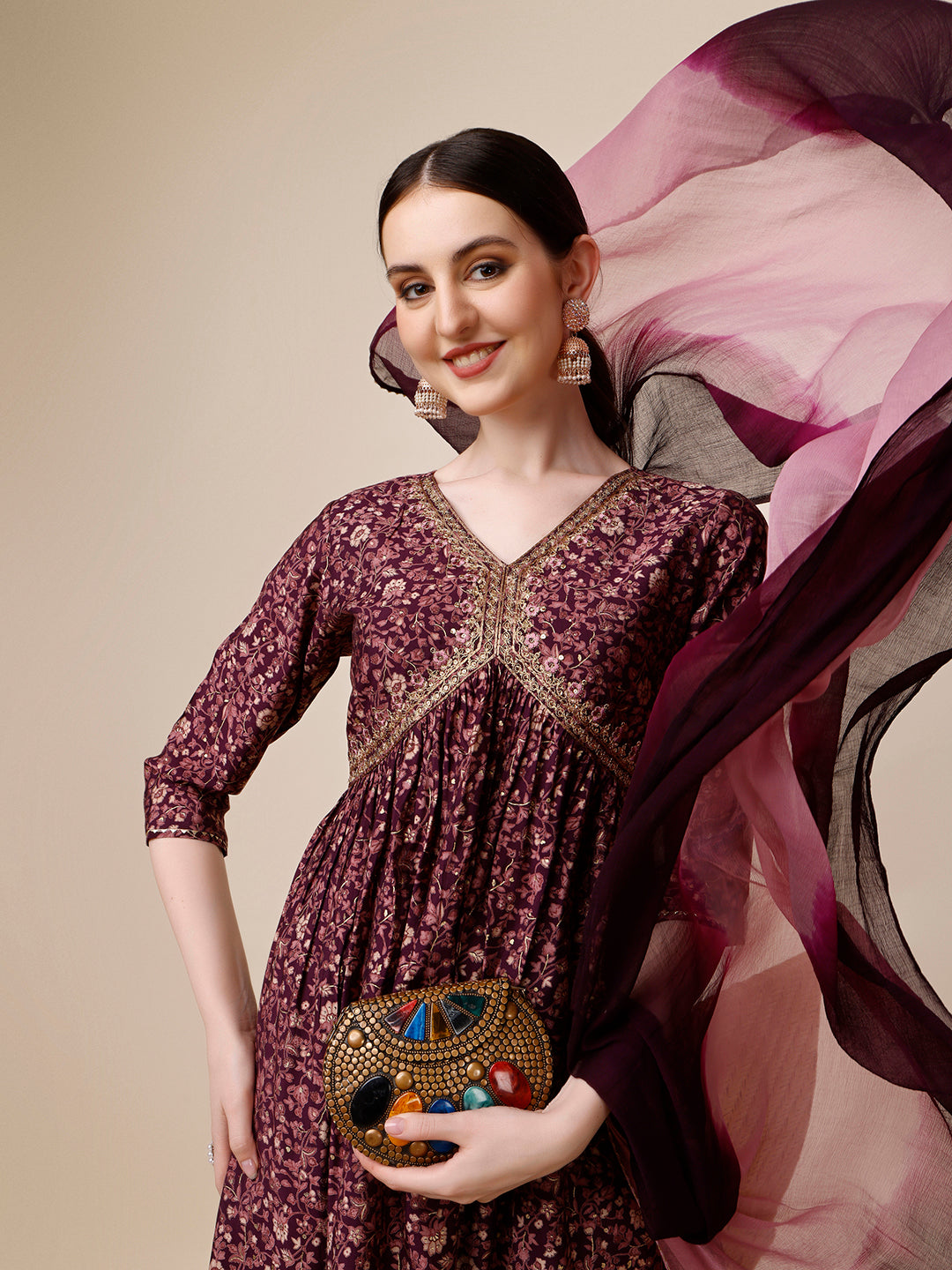 Alia Cut Printed & Embroidered Kurta with Pant and Dupatta Set