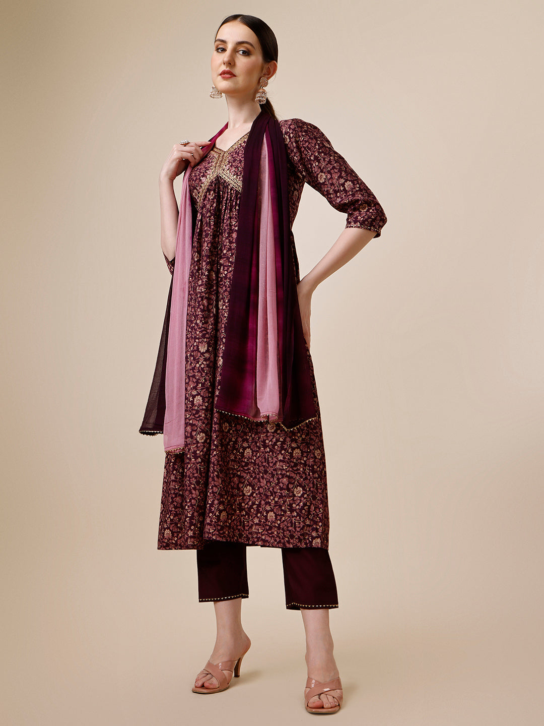 Alia Cut Printed & Embroidered Kurta with Pant and Dupatta Set