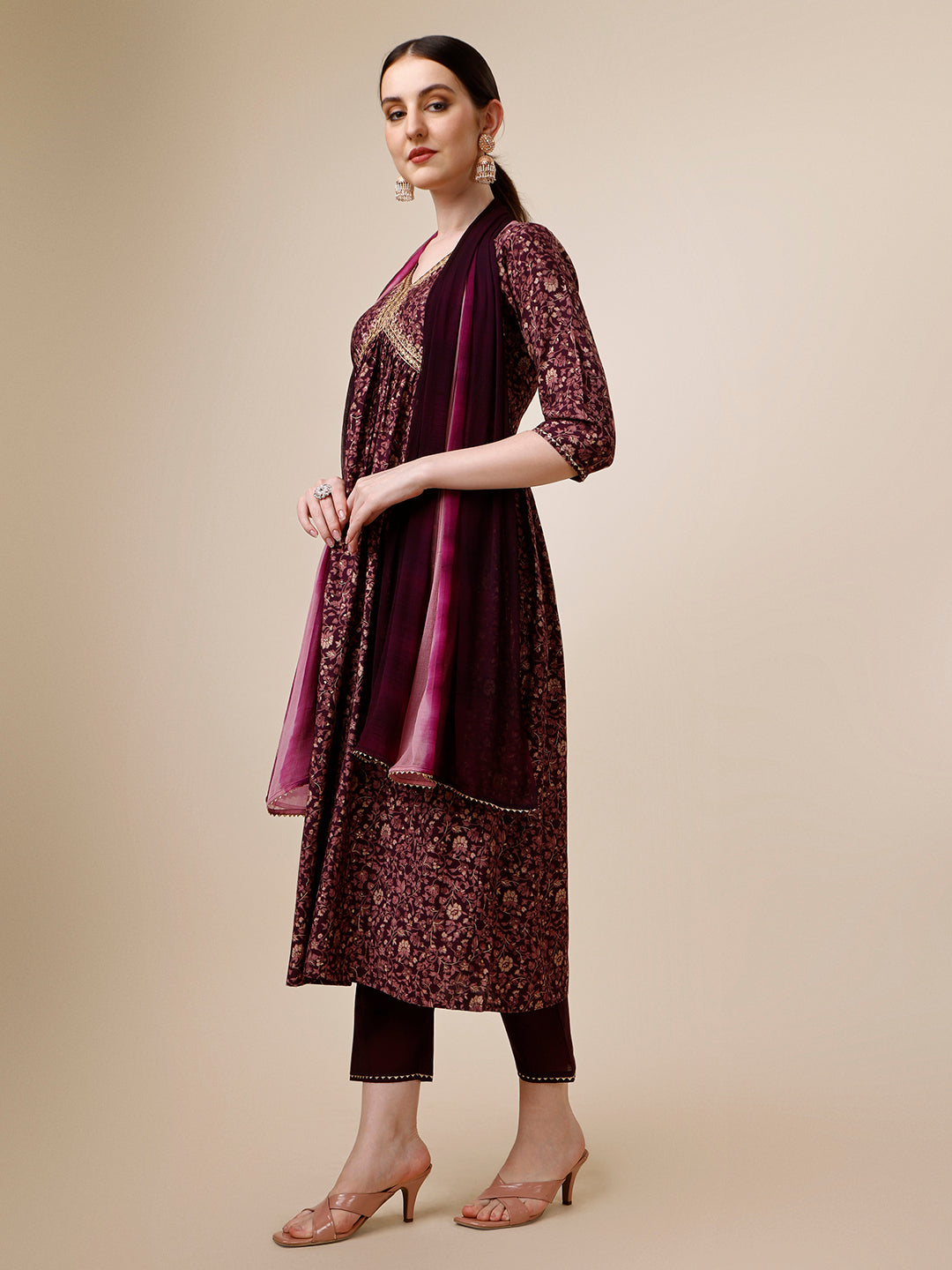 Alia Cut Printed & Embroidered Kurta with Pant and Dupatta Set