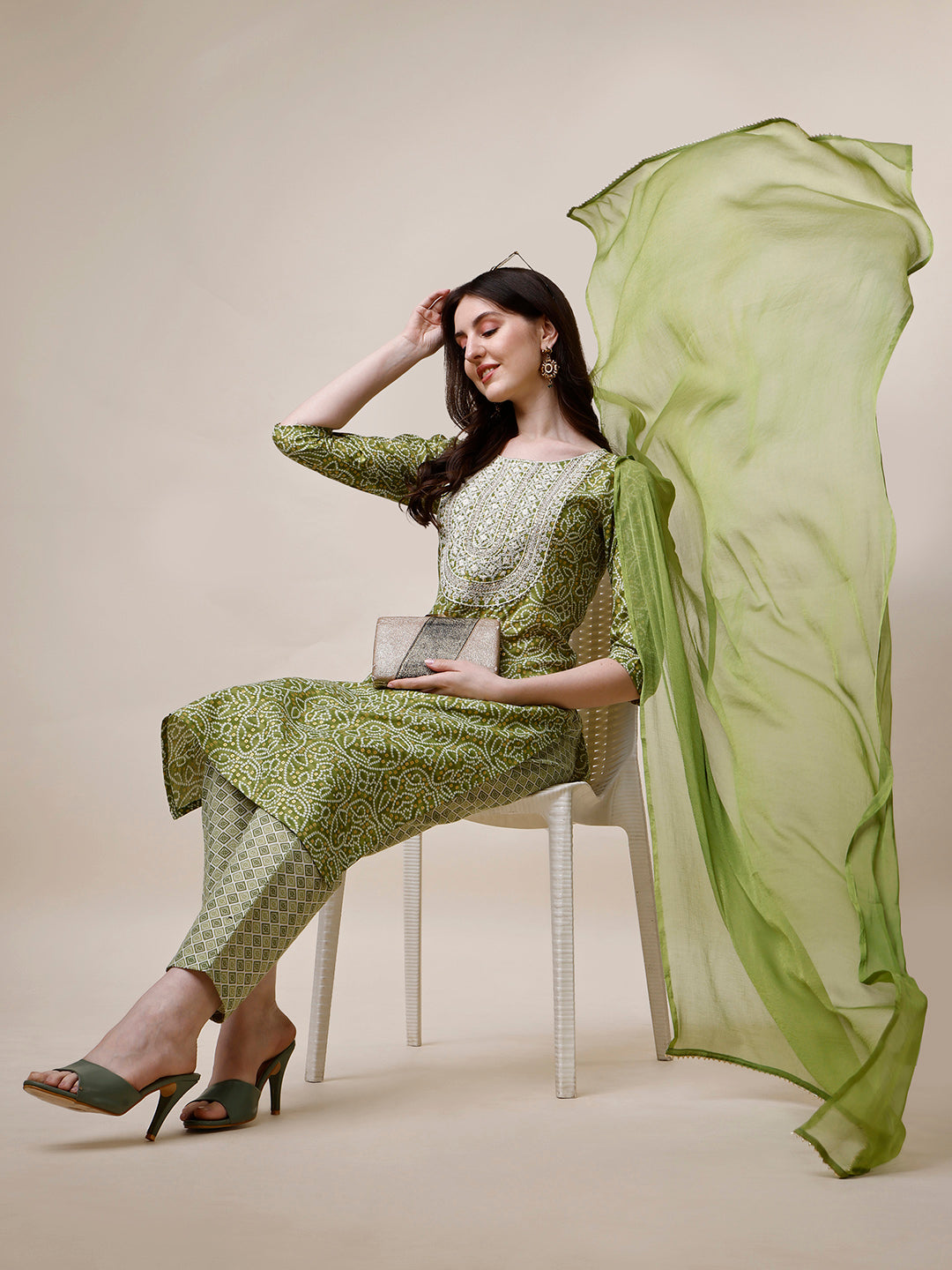 Thread Embroidered Bandhani Printed Kurta with Pant and Dupatta Set