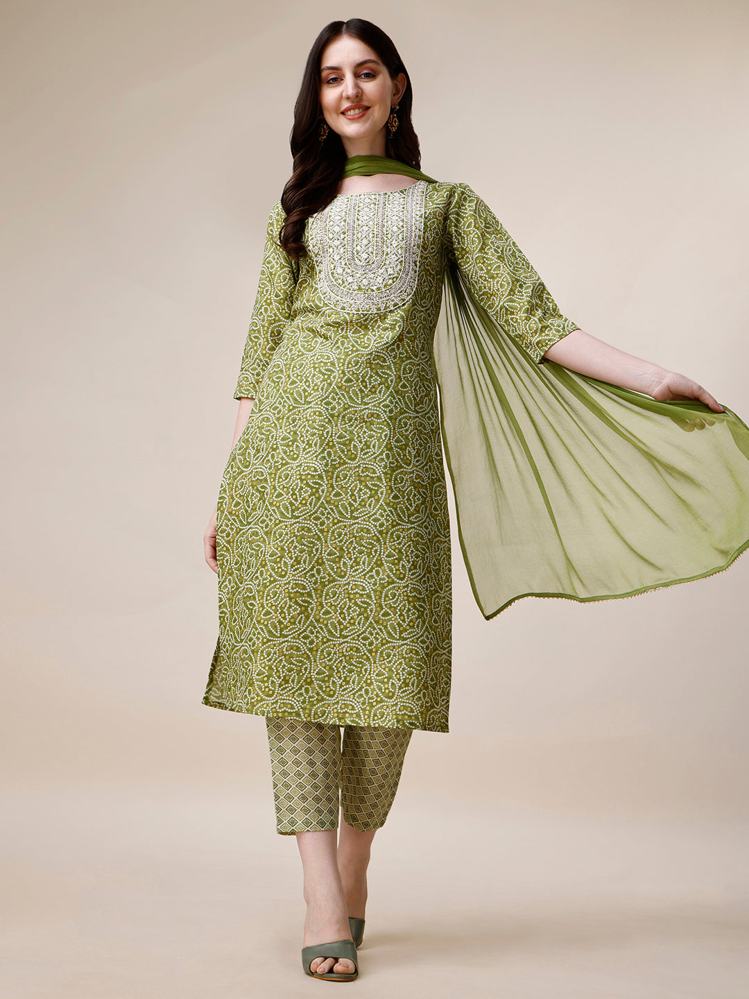 Thread Embroidered Bandhani Printed Kurta with Pant and Dupatta Set