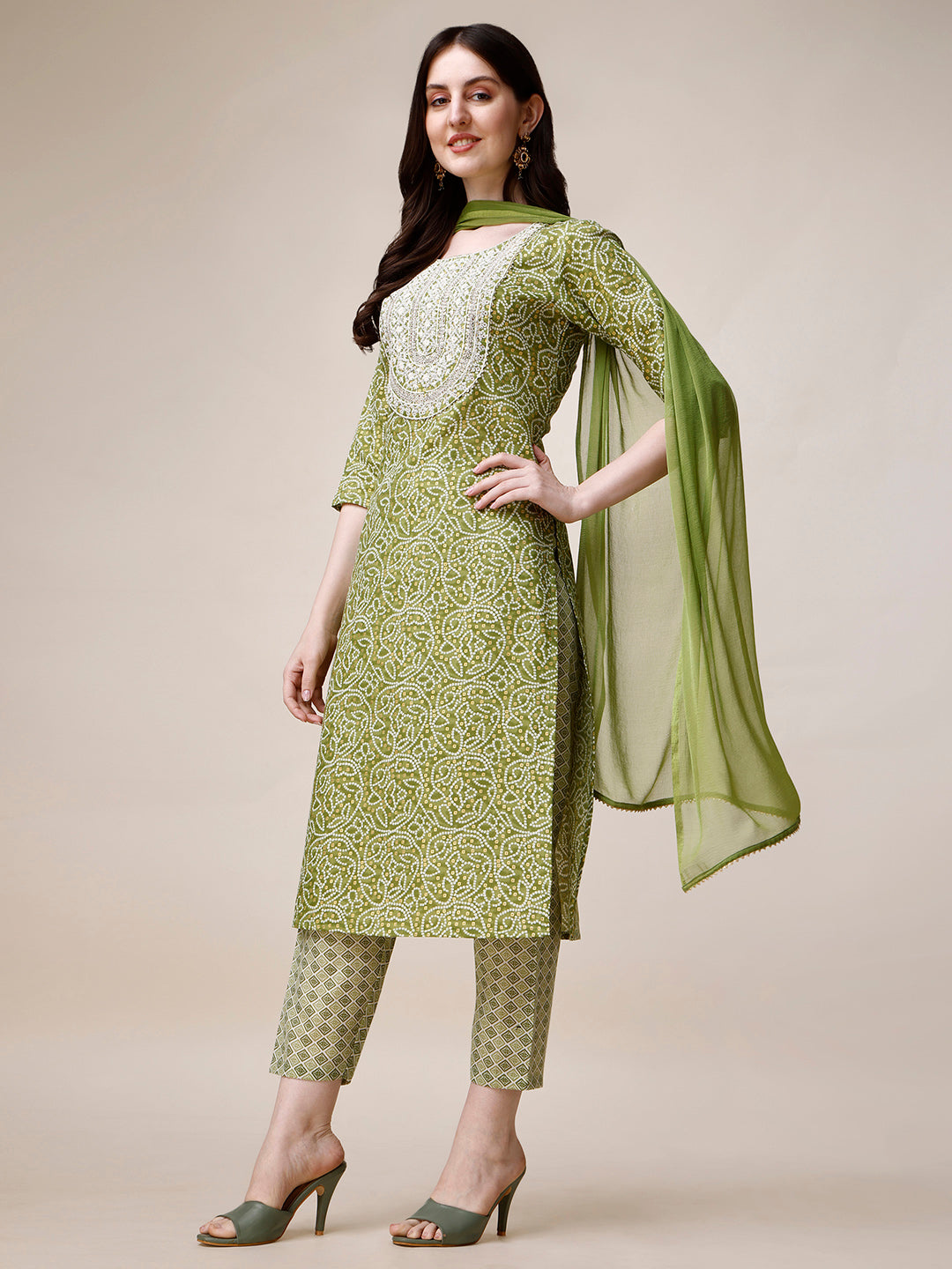 Thread Embroidered Bandhani Printed Kurta with Pant and Dupatta Set