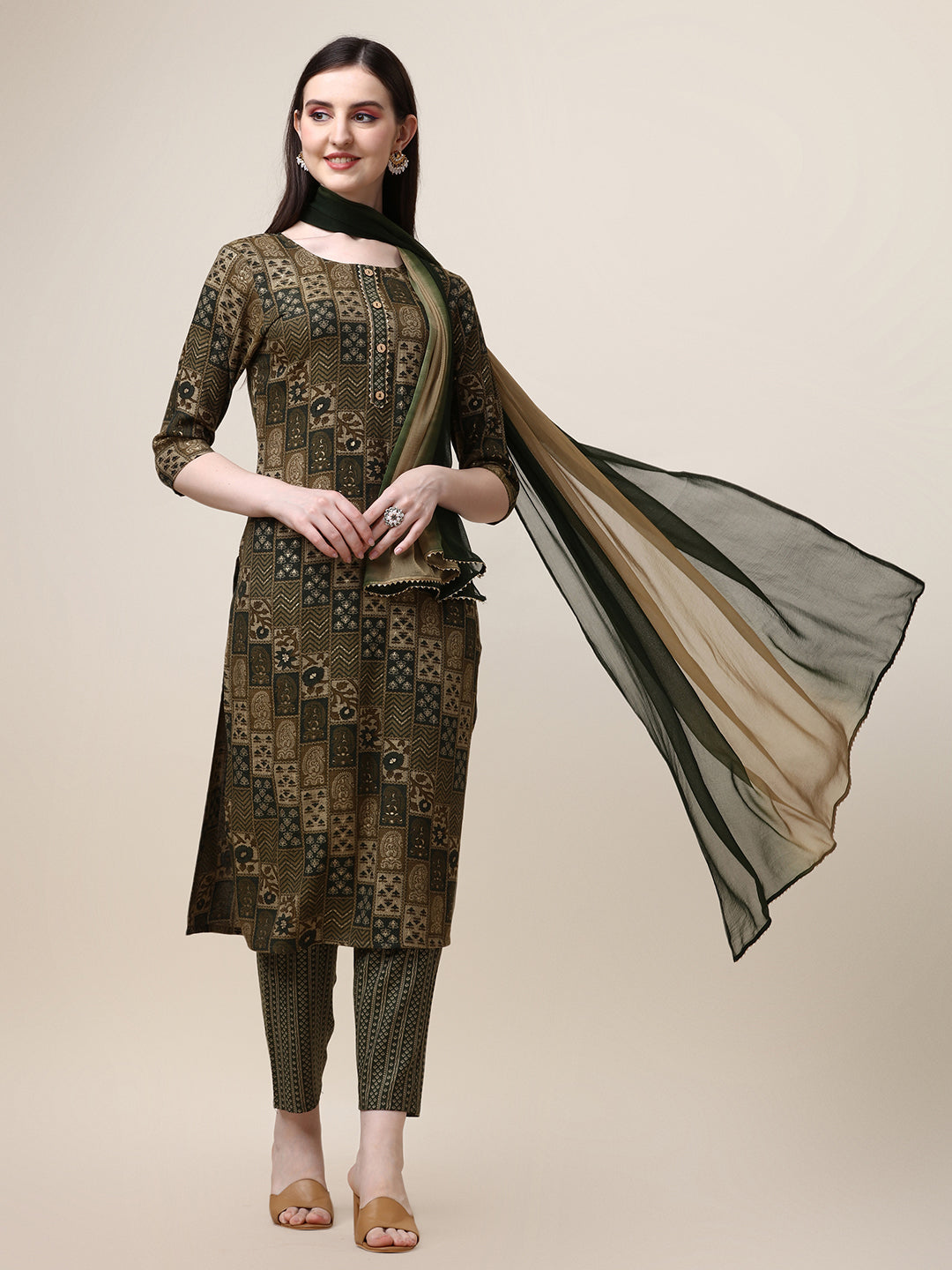 Printed Rayon Kurta with Pant and Dupatta Set