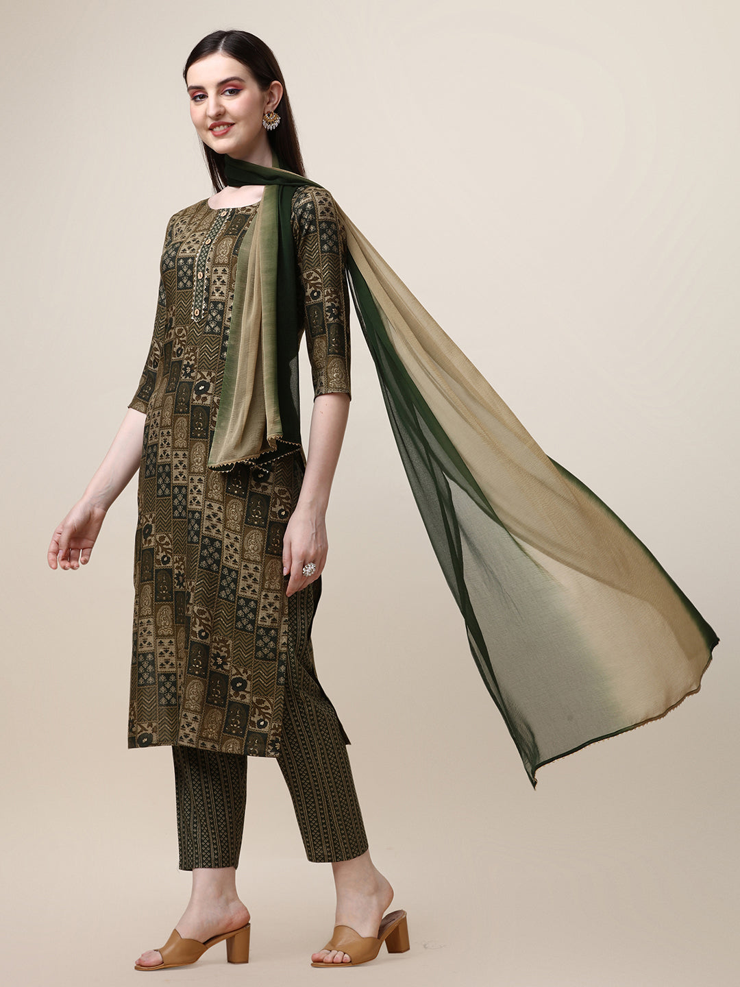 Printed Rayon Kurta with Pant and Dupatta Set