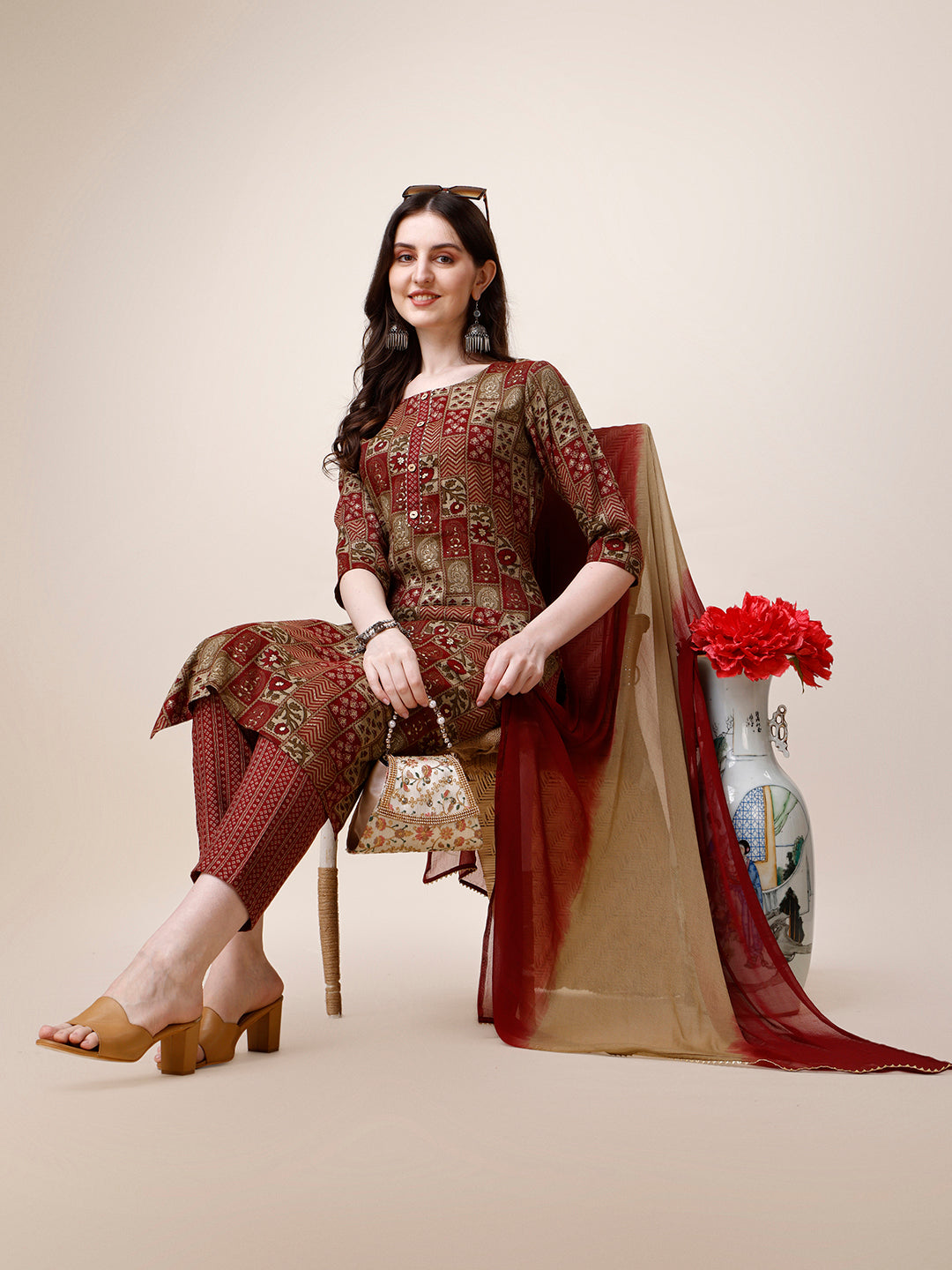 Printed Rayon Kurta with Pant and Dupatta Set