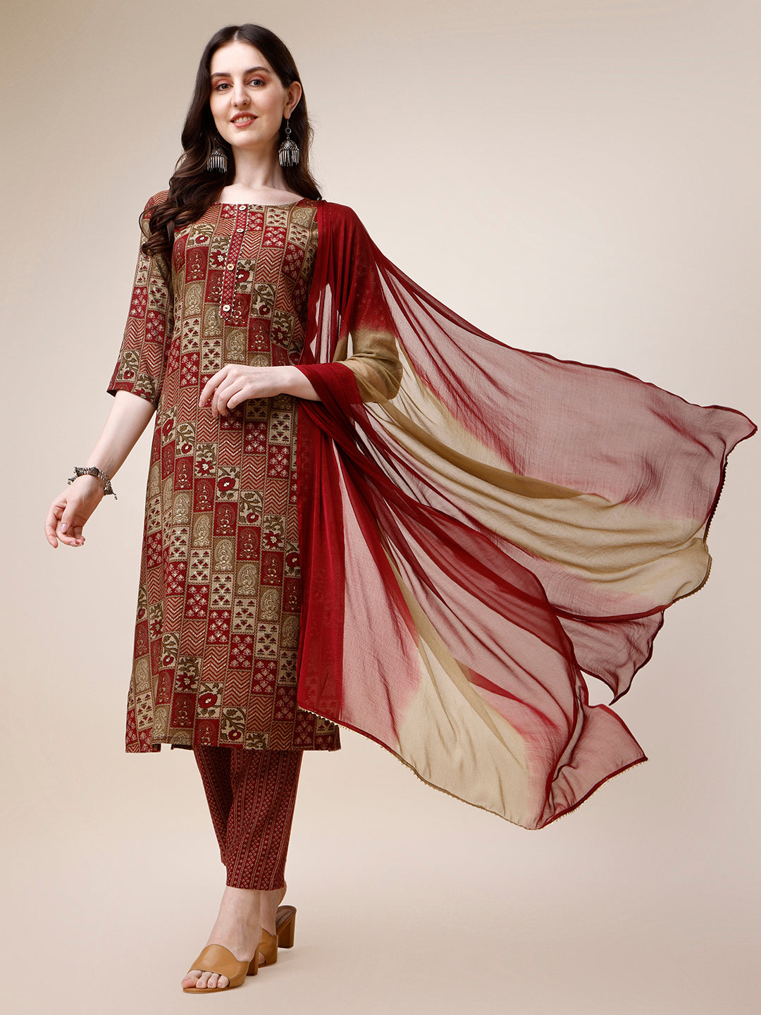 Printed Rayon Kurta with Pant and Dupatta Set