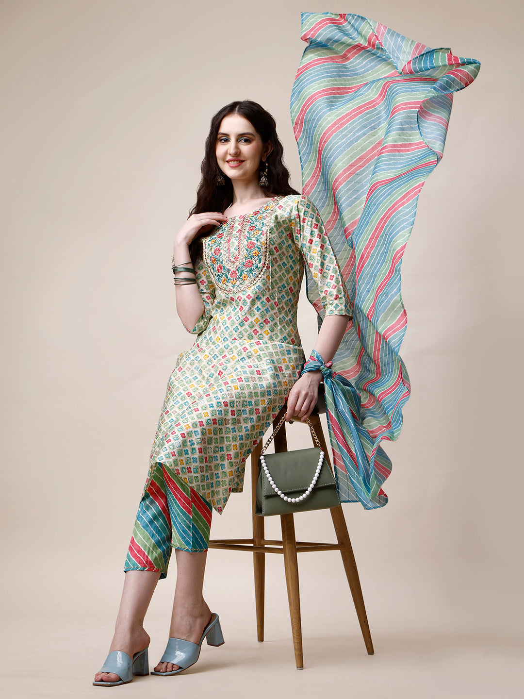 Ethnic Motif Printed & Embroidered Kurta with Pant and Dupatta Set