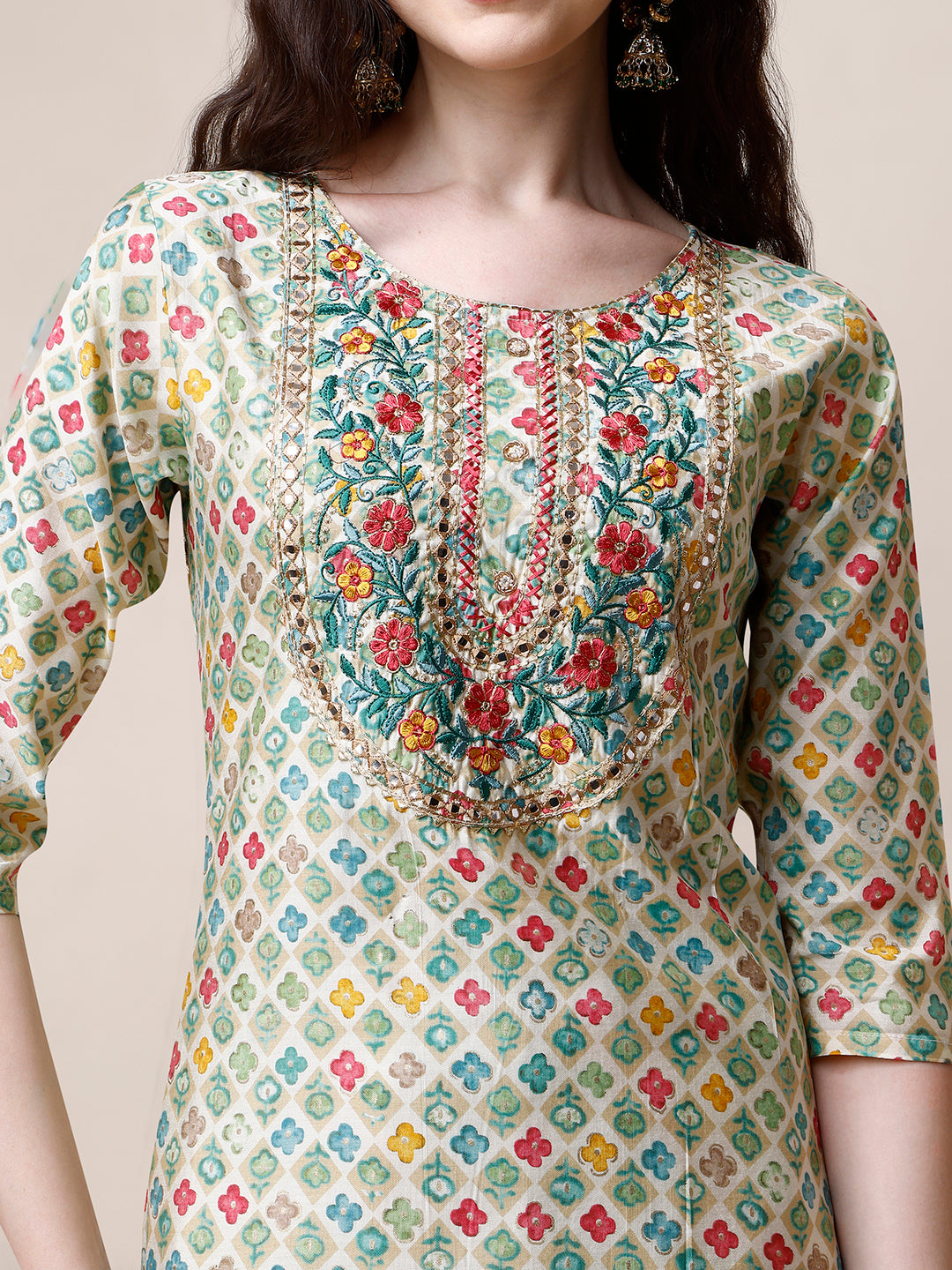 Ethnic Motif Printed & Embroidered Kurta with Pant and Dupatta Set