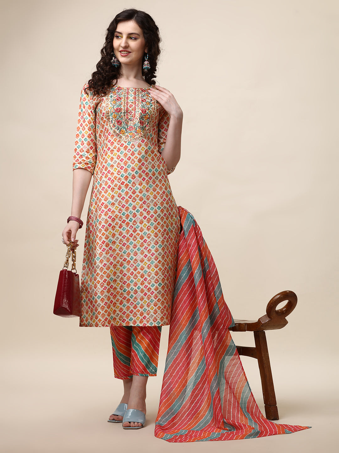 Ethnic Motif Printed & Embroidered Kurta with Pant and Dupatta Set