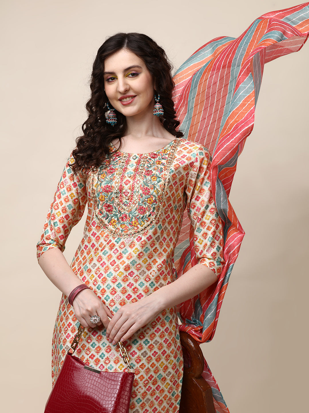 Ethnic Motif Printed & Embroidered Kurta with Pant and Dupatta Set