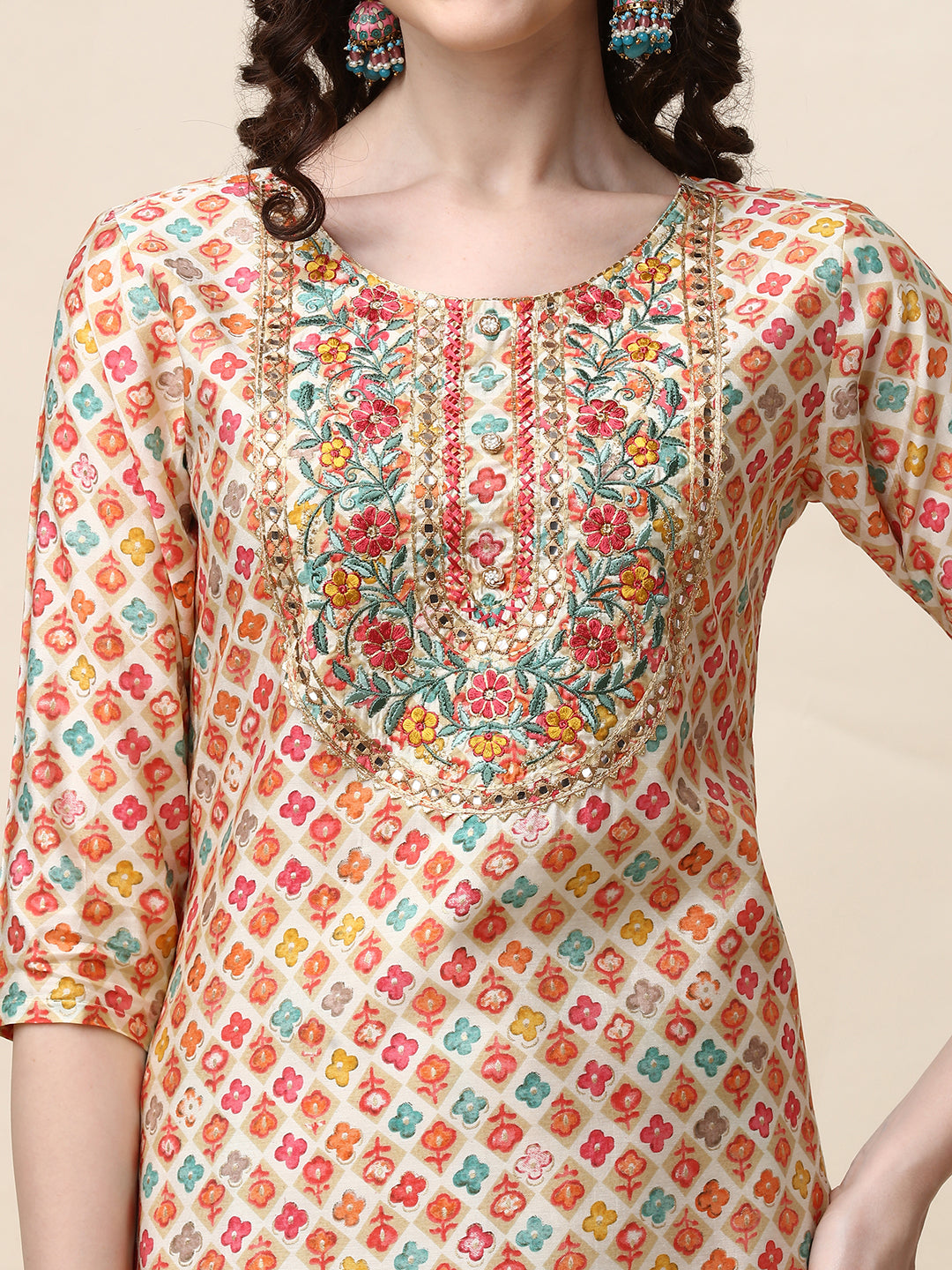 Ethnic Motif Printed & Embroidered Kurta with Pant and Dupatta Set