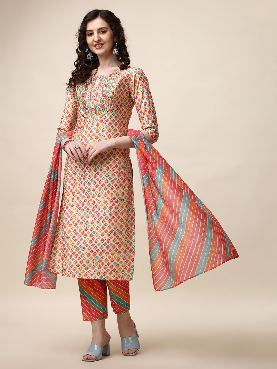 Ethnic Motif Printed & Embroidered Kurta with Pant and Dupatta Set