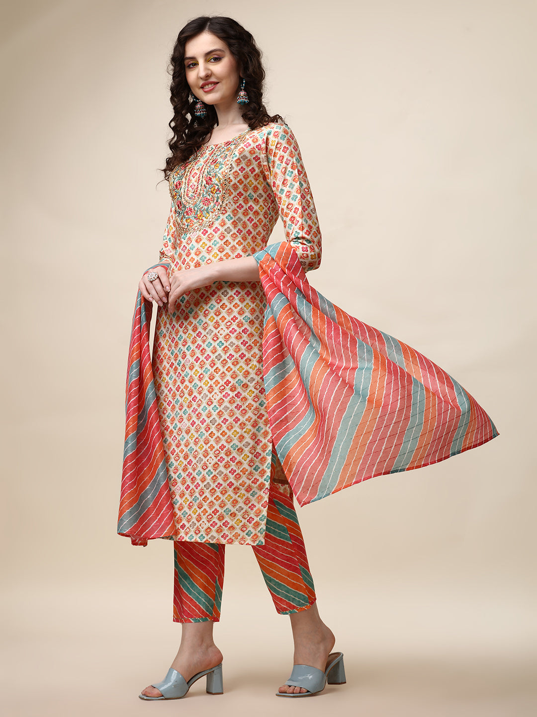 Ethnic Motif Printed & Embroidered Kurta with Pant and Dupatta Set