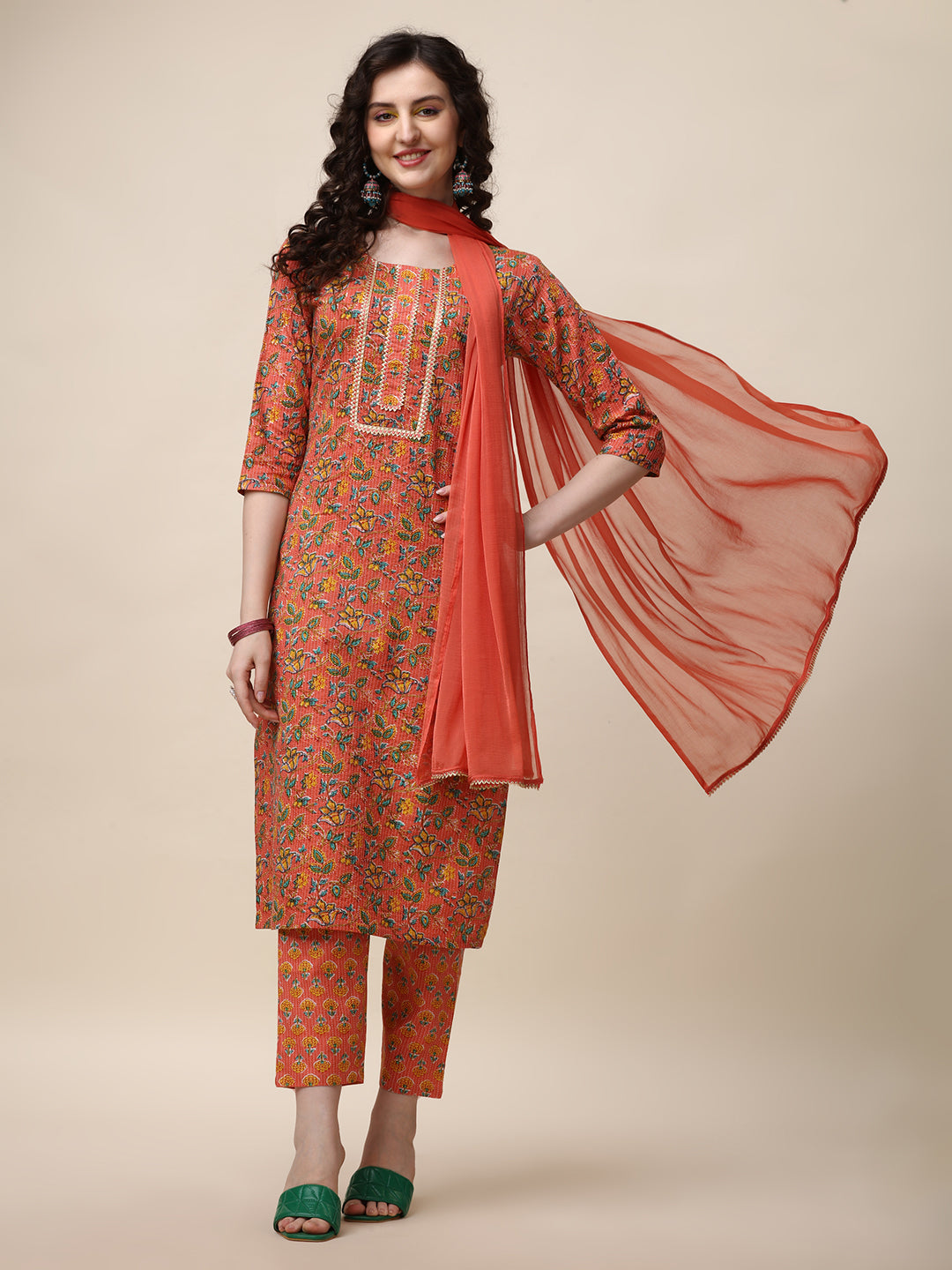 Cotton Printed kurta with Pant and Dupatta Set