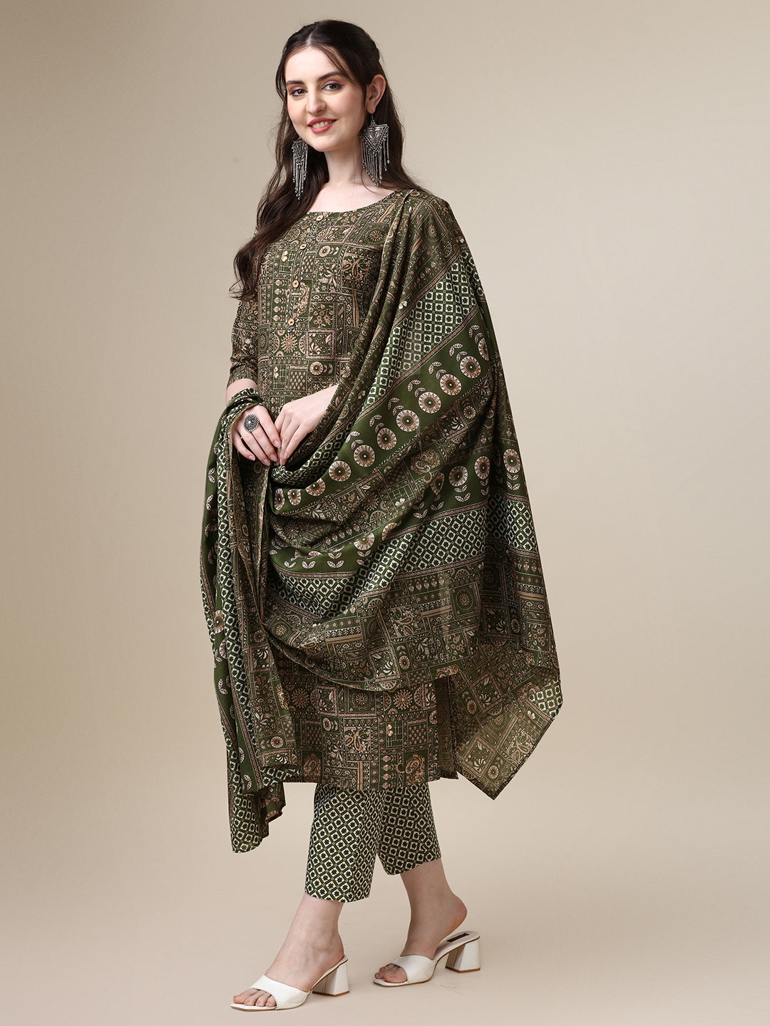 Cotton Printed Kurta with Pant and Printed Dupatta Set