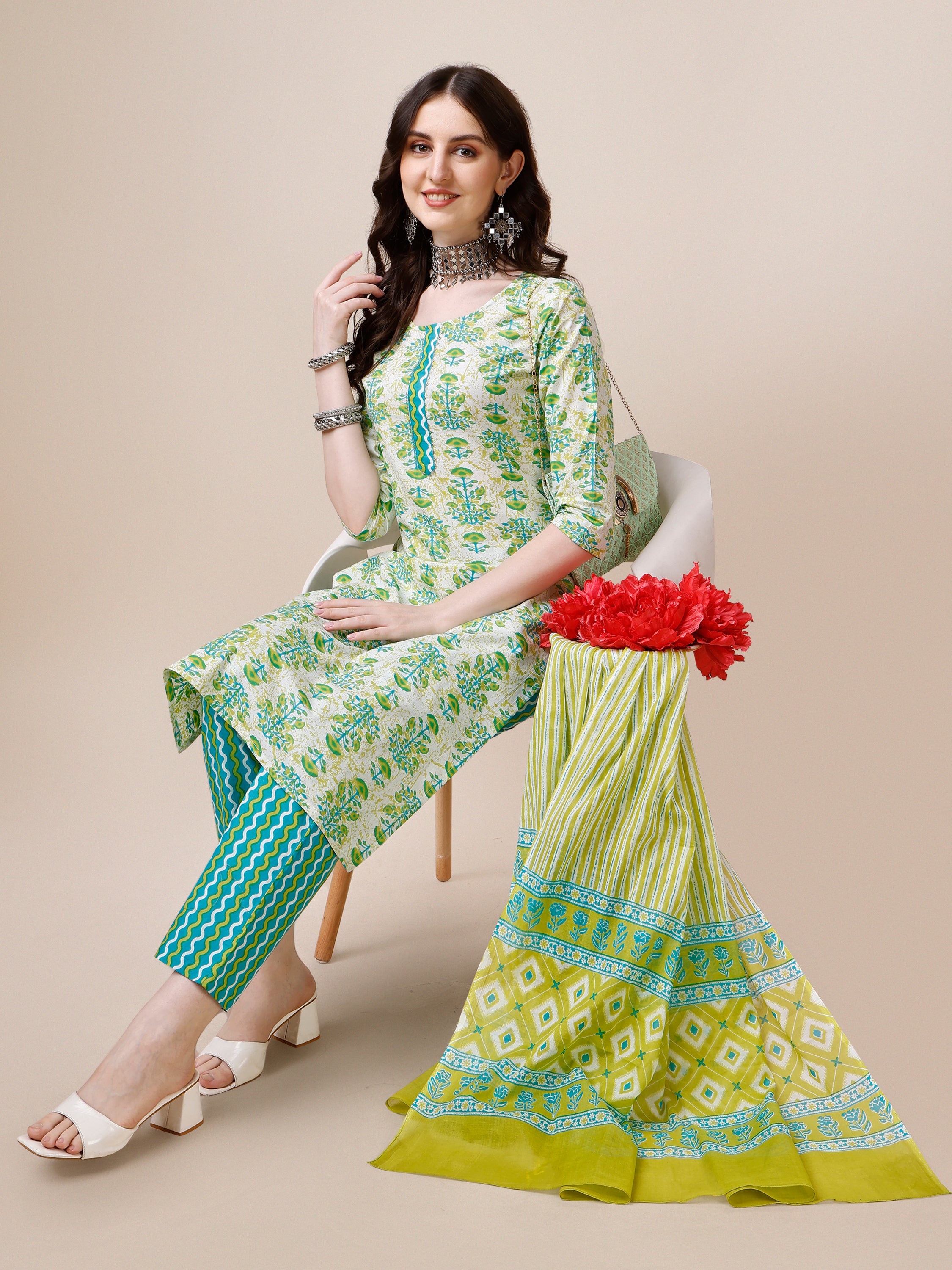 Block printed Cotton Kurta with Pant and Dupatta set