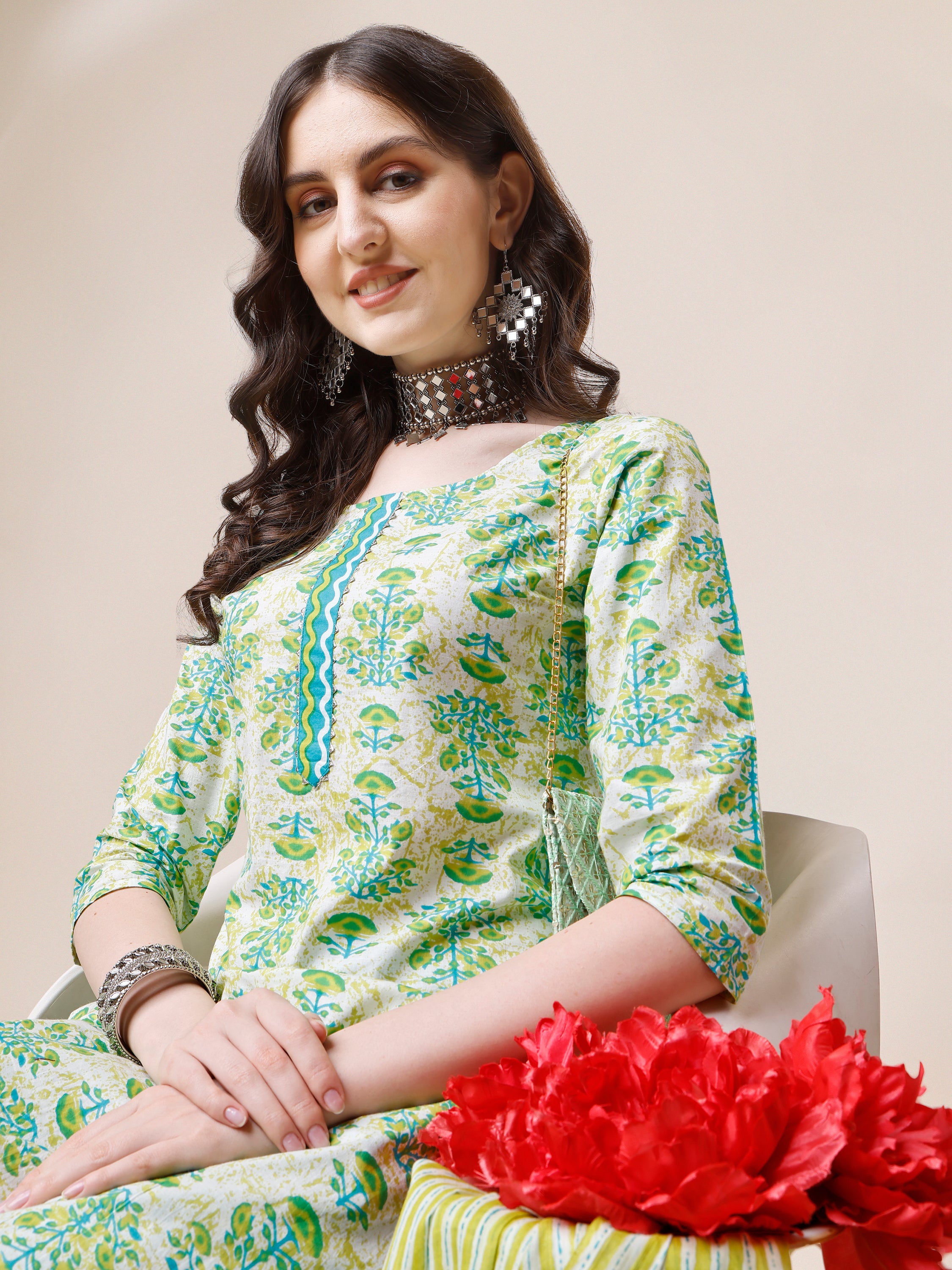 Block printed Cotton Kurta with Pant and Dupatta set