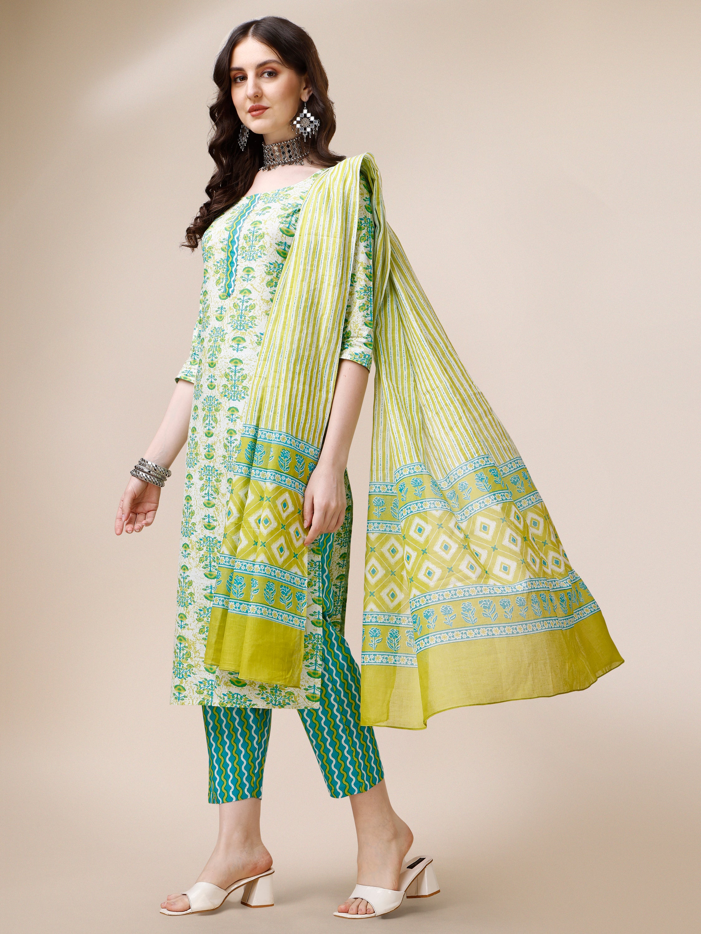 Block printed Cotton Kurta with Pant and Dupatta set