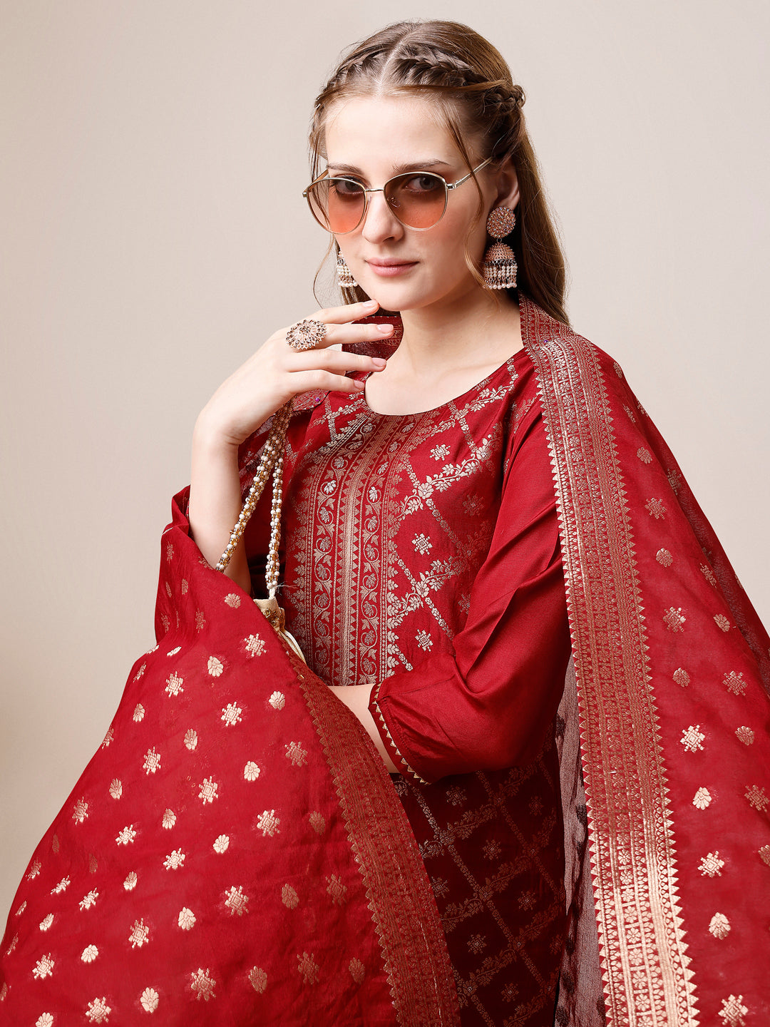 Pure Maslin Jacquard Kurta with pant and dupatta set