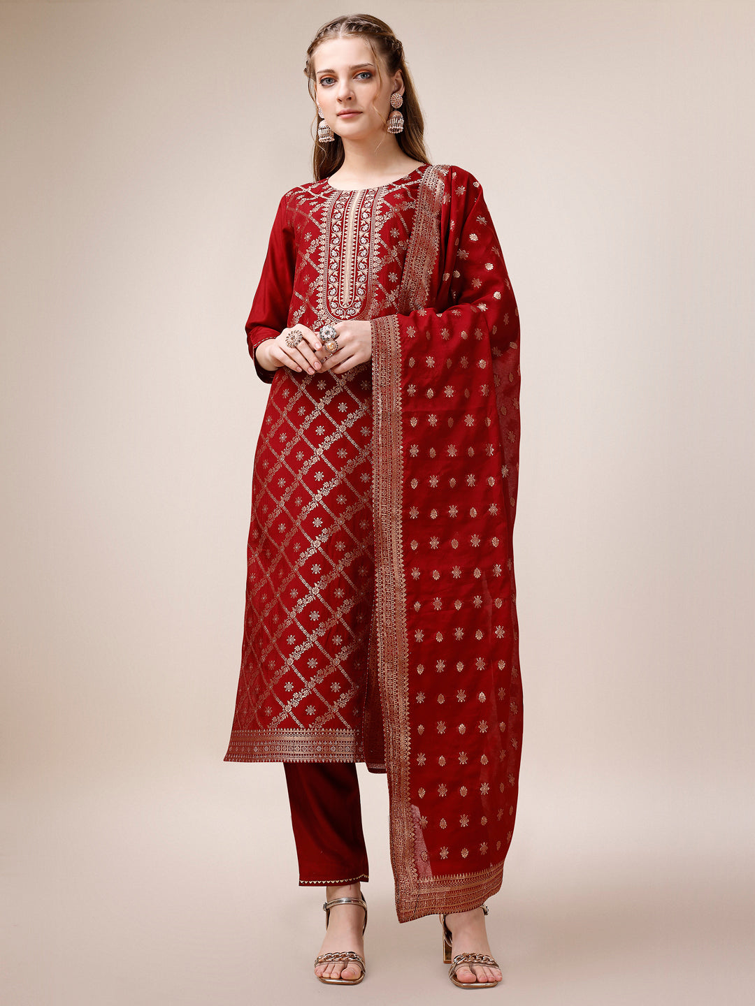 Pure Maslin Jacquard Kurta with pant and dupatta set