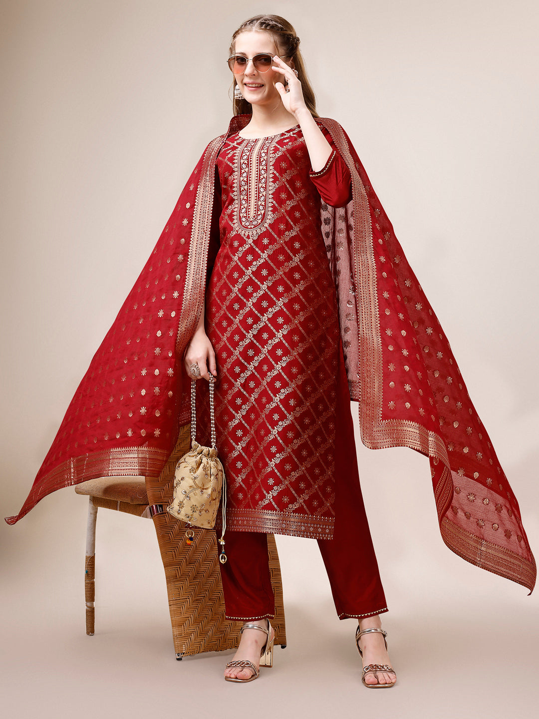 Pure Maslin Jacquard Kurta with pant and dupatta set