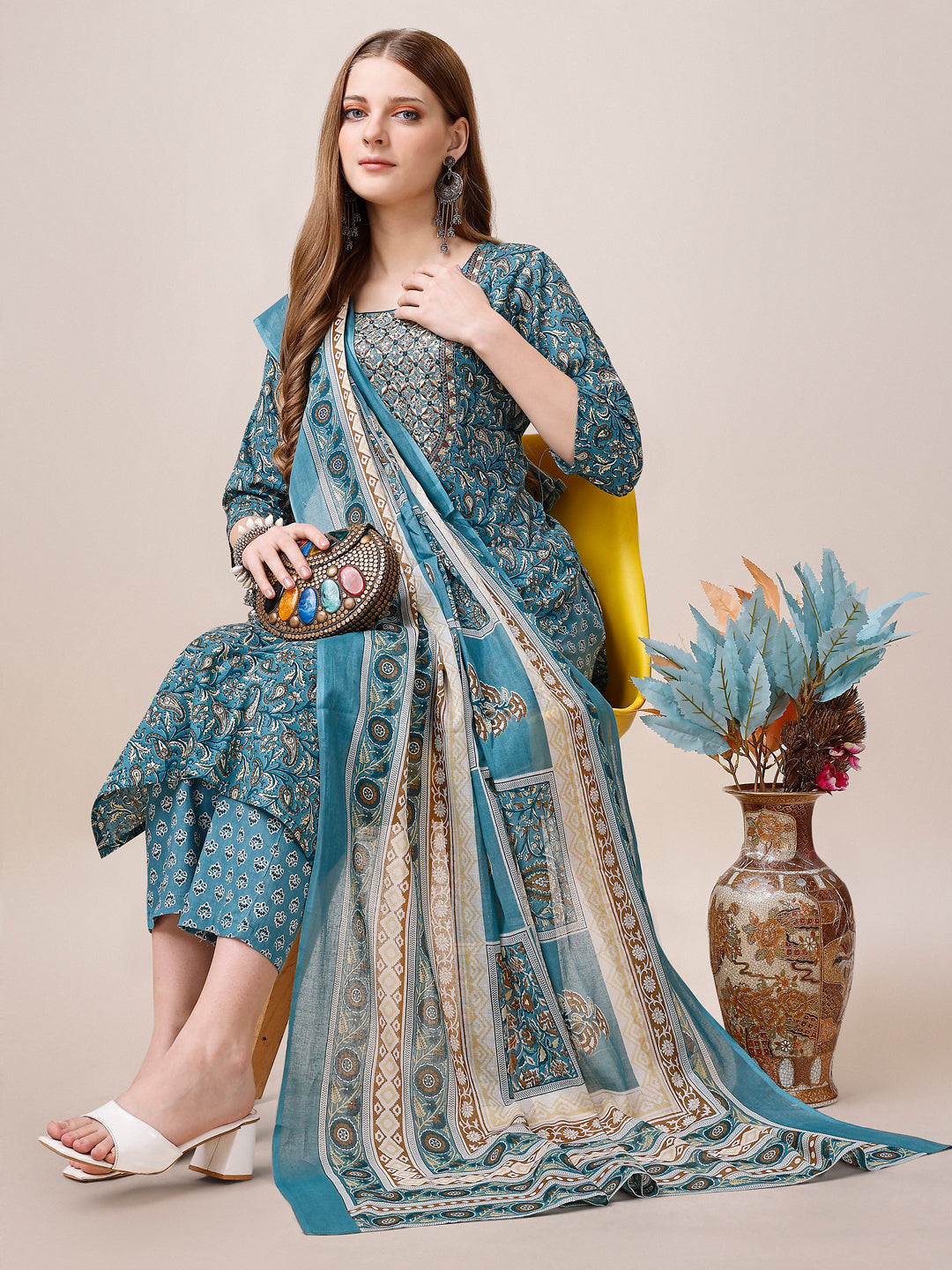 Embroidered & Paisley Printed Cotton Kurta with pant & dupatta