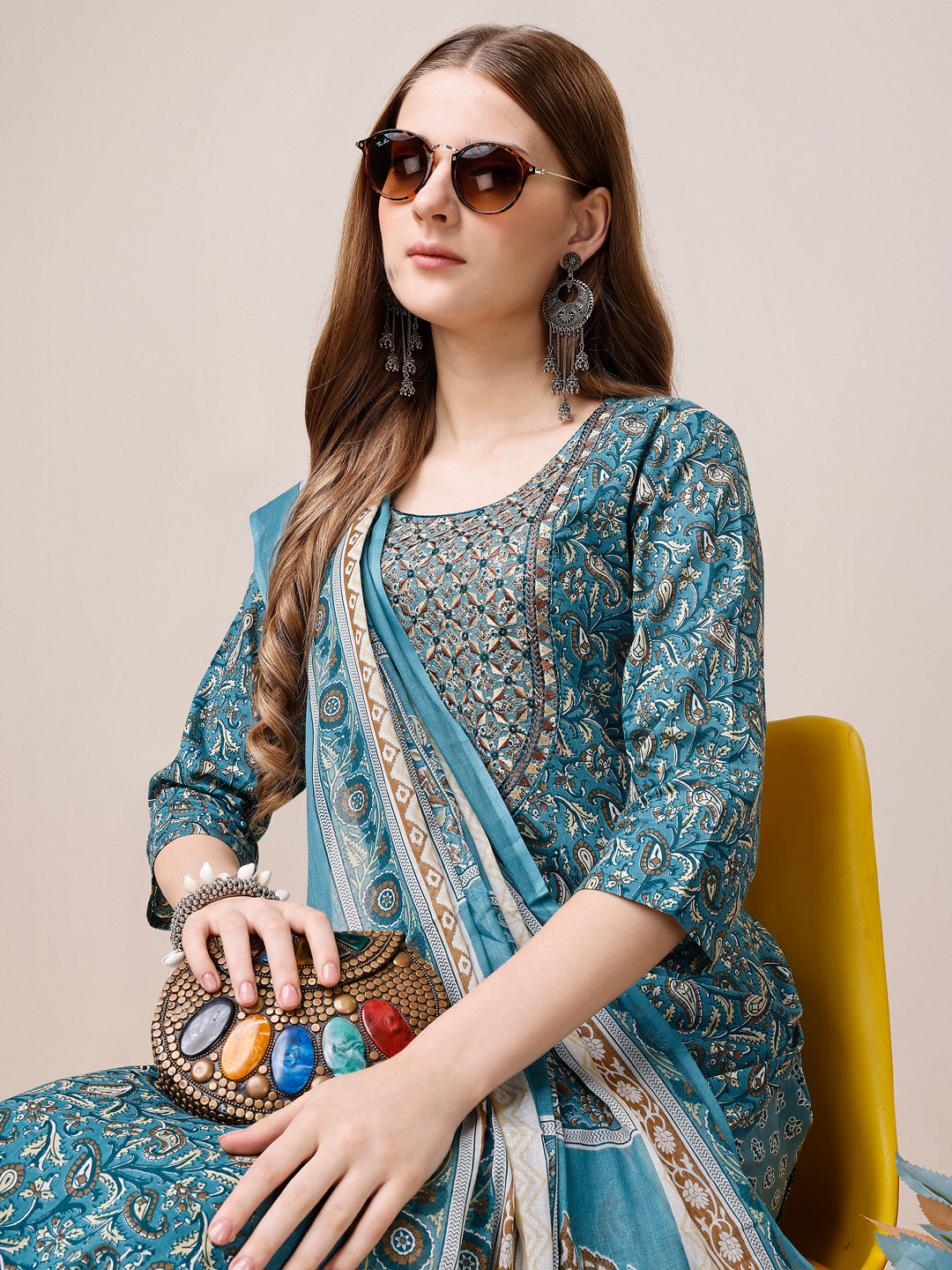 Embroidered & Paisley Printed Cotton Kurta with pant & dupatta