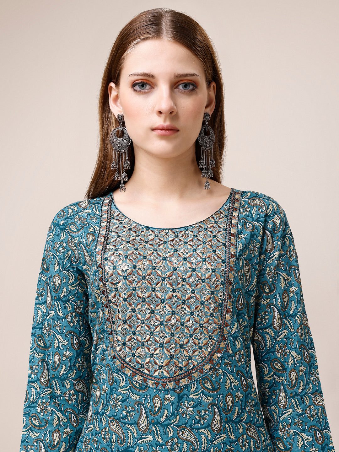 Embroidered & Paisley Printed Cotton Kurta with pant & dupatta