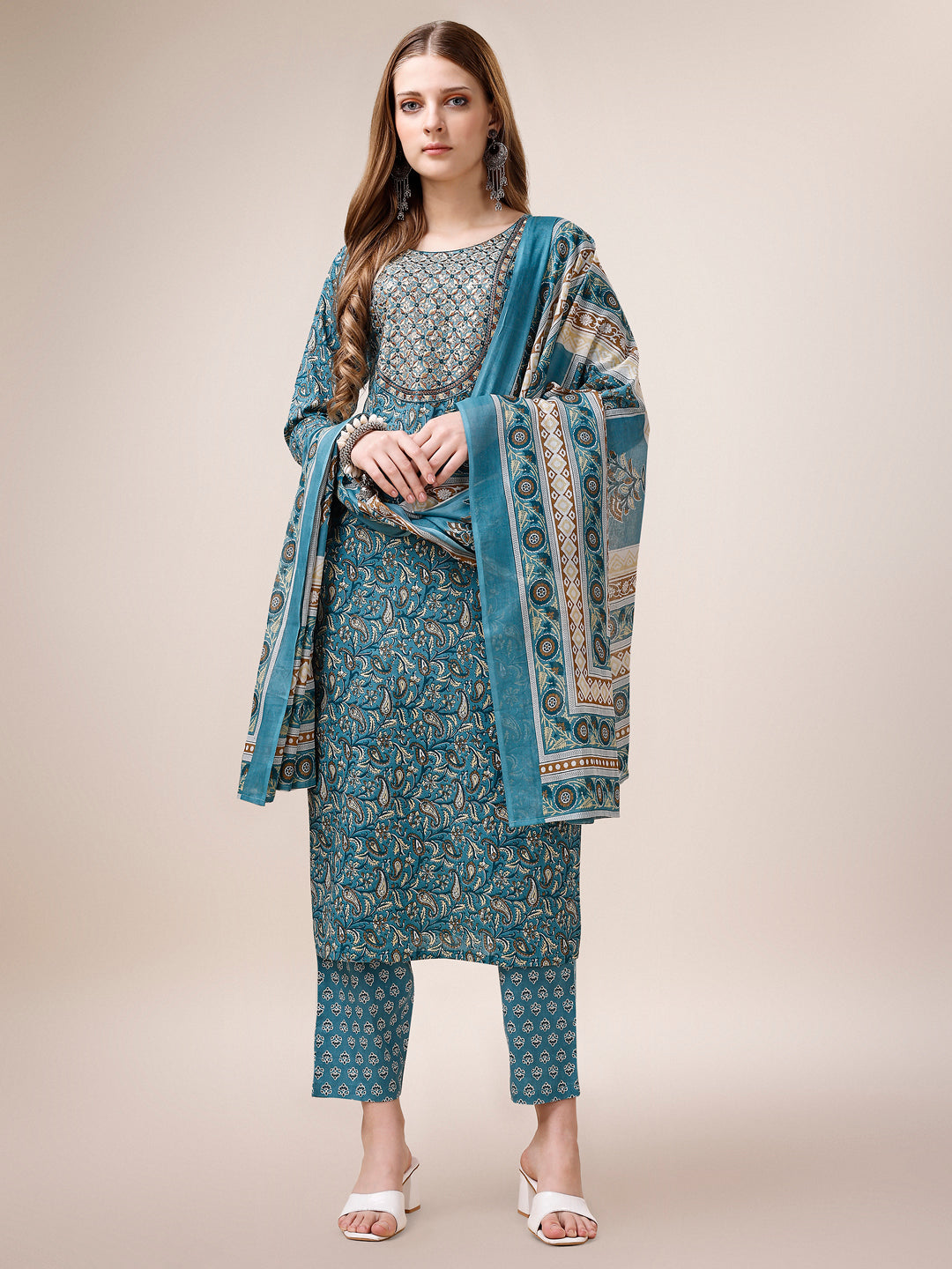 Embroidered & Paisley Printed Cotton Kurta with pant & dupatta