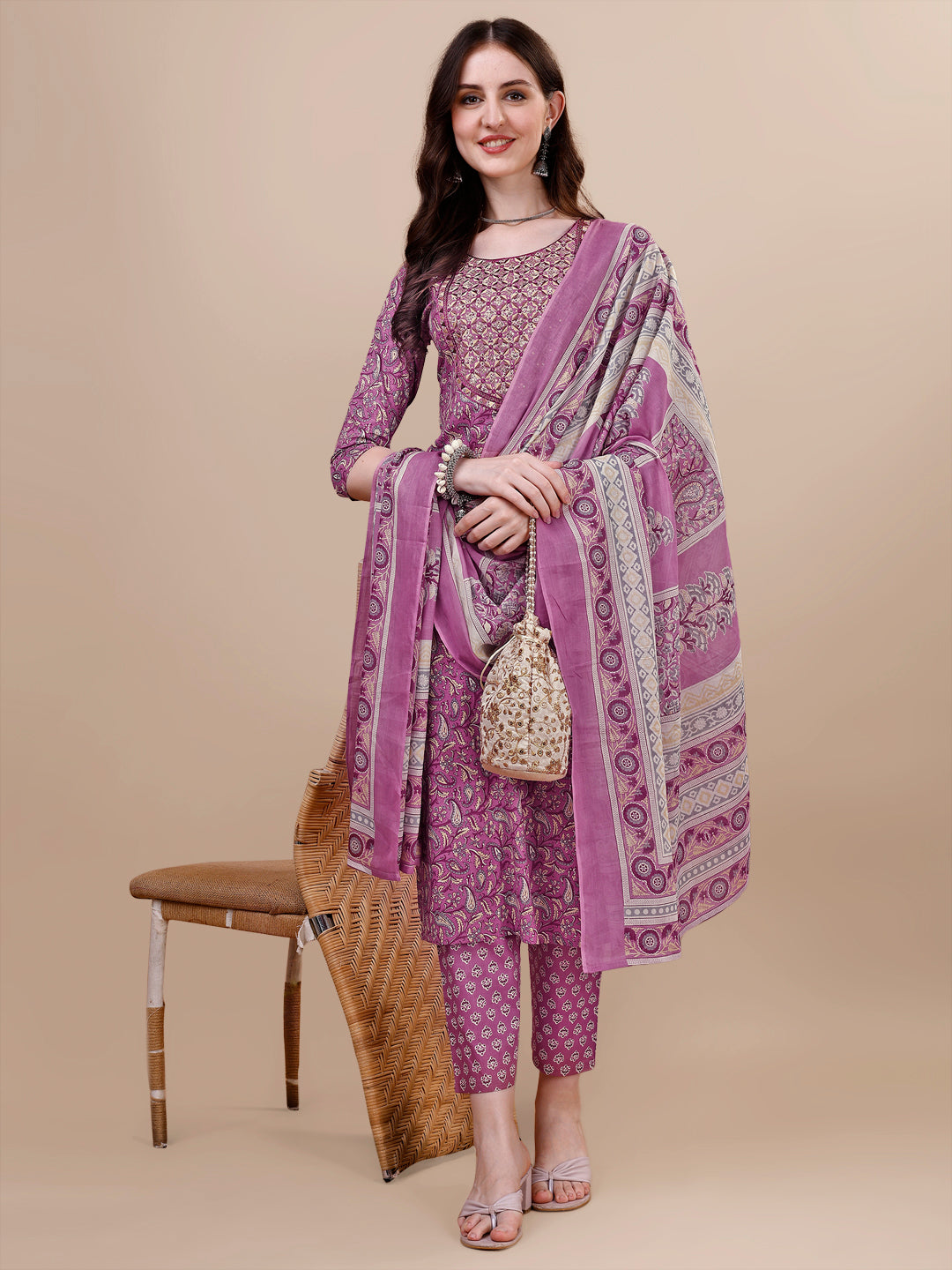 Printed & Embroidered Kurta With Pant & Dupatta Set