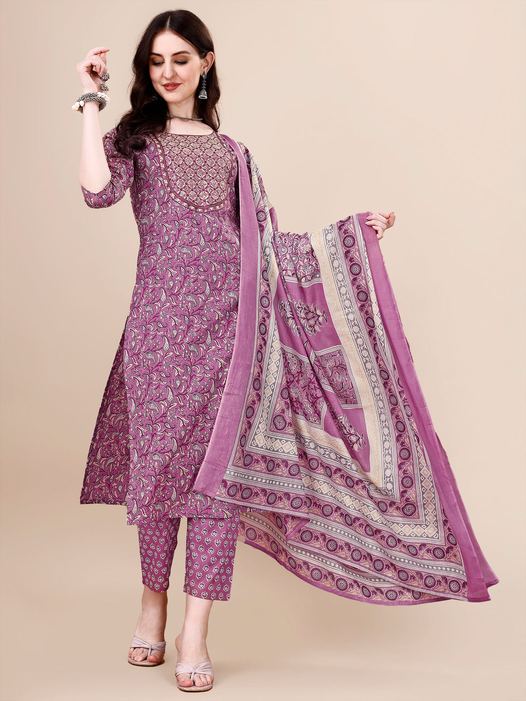 Printed & Embroidered Kurta With Pant & Dupatta Set