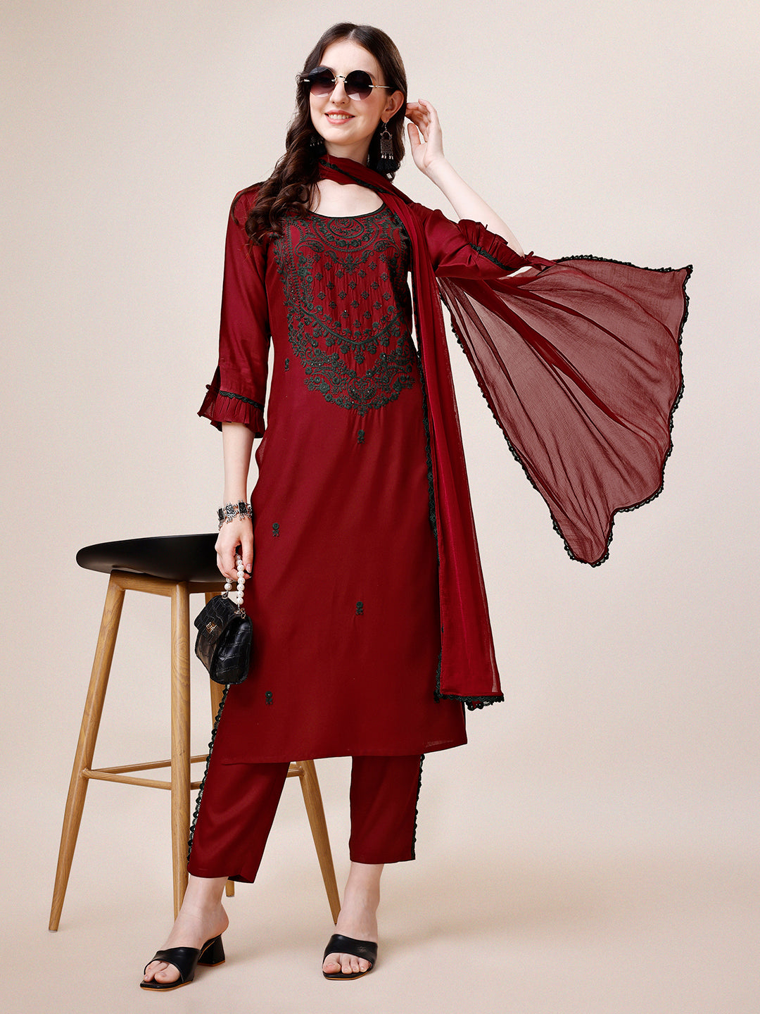 Embroidered Kurta with pant and dupatta set