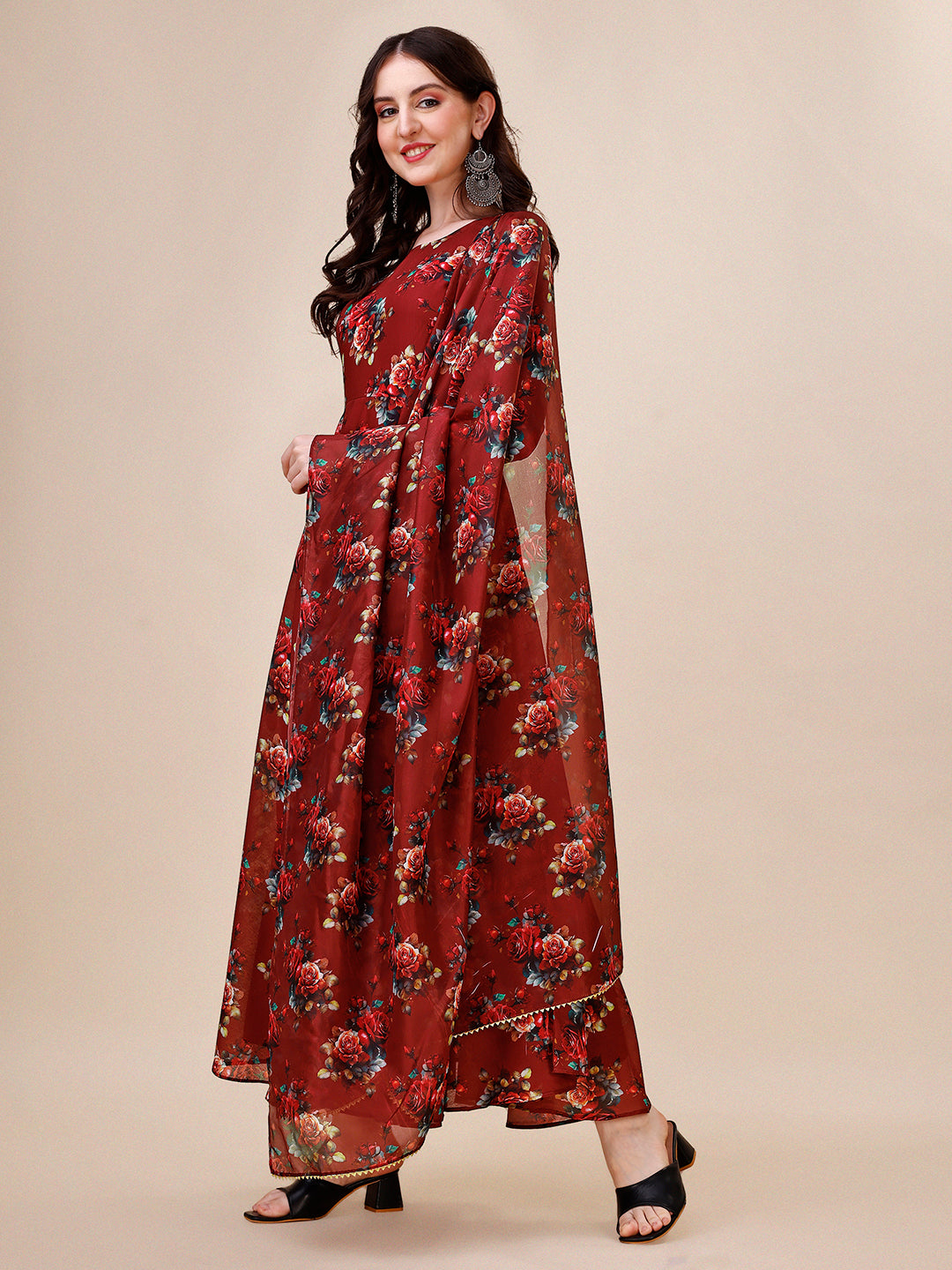 Floral Printed Flared Anarkali Kurta with pant & dupatta