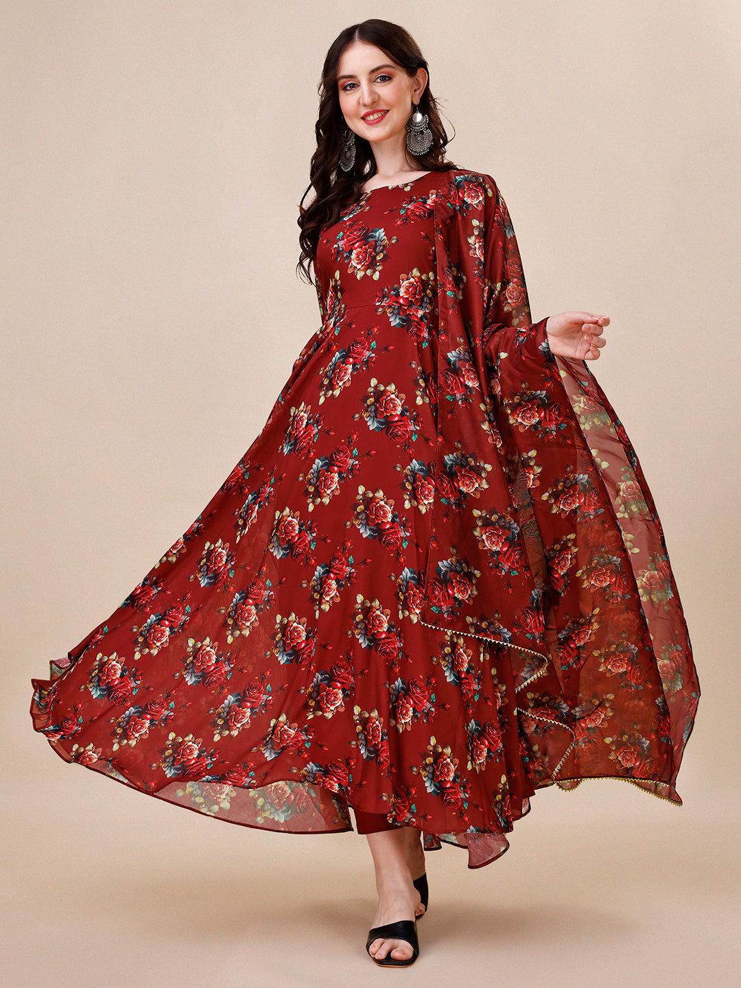 Floral Printed Flared Anarkali Kurta with pant & dupatta