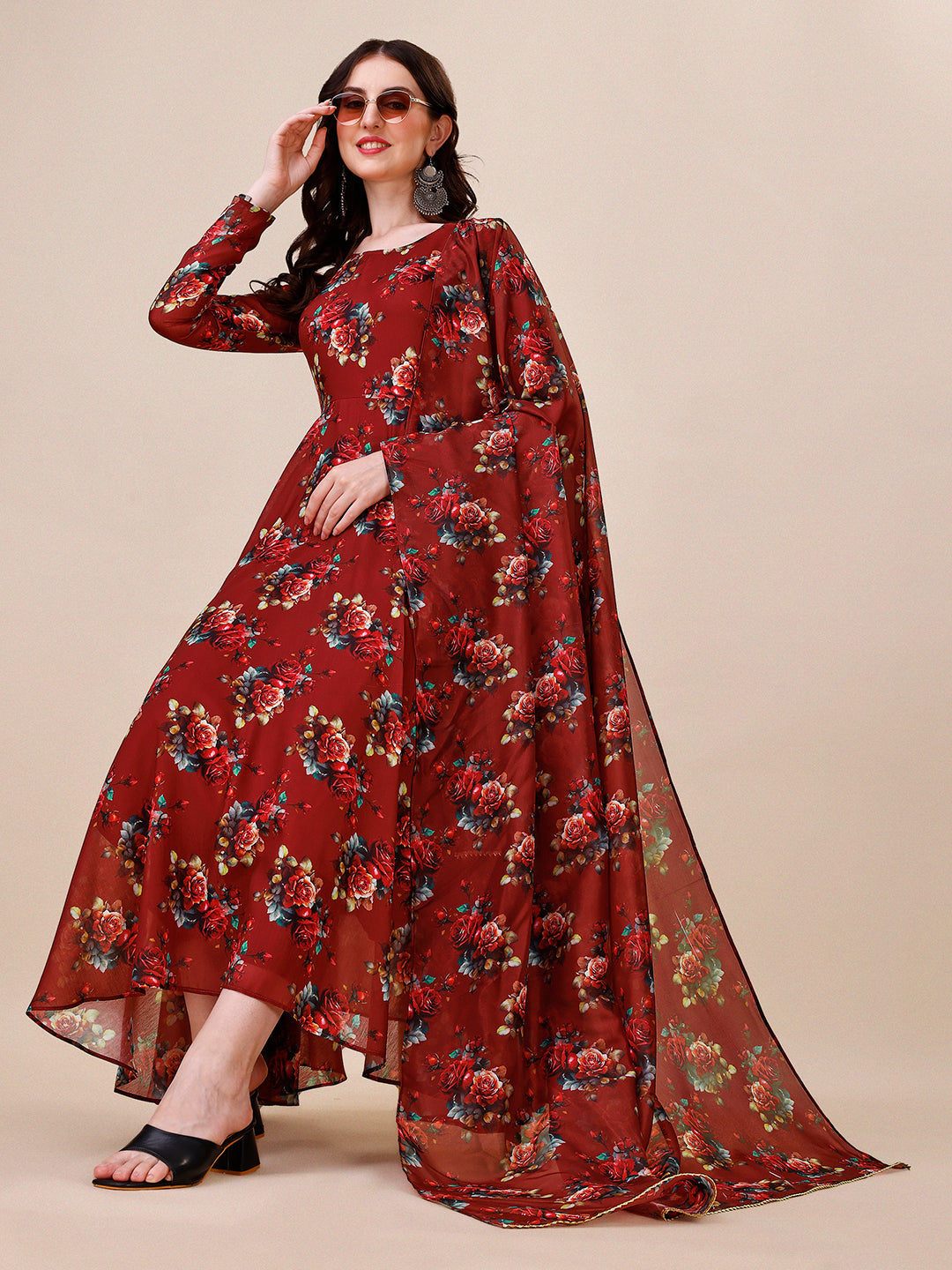 Floral Printed Flared Anarkali Kurta with pant & dupatta