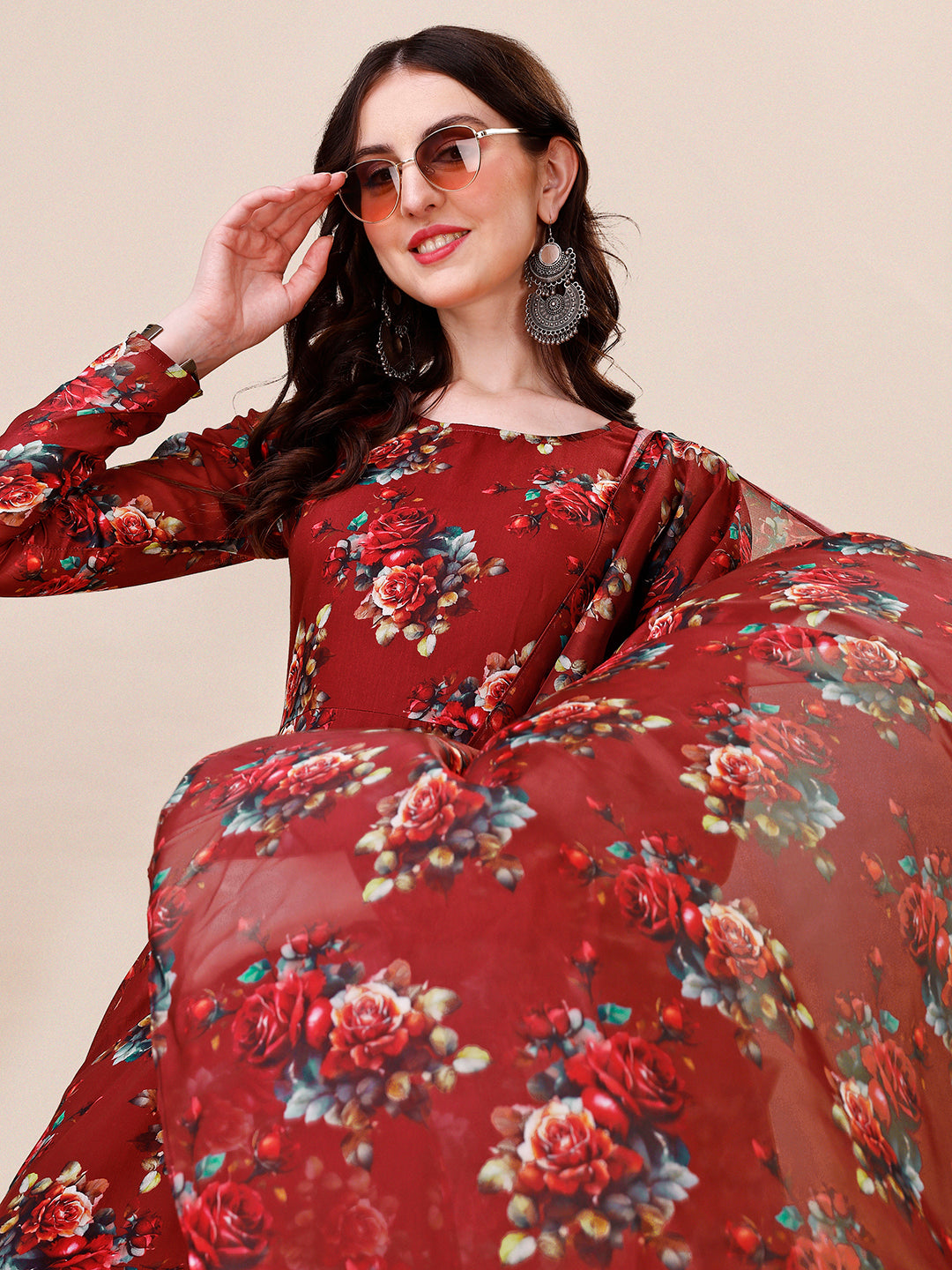 Floral Printed Flared Anarkali Kurta with pant & dupatta