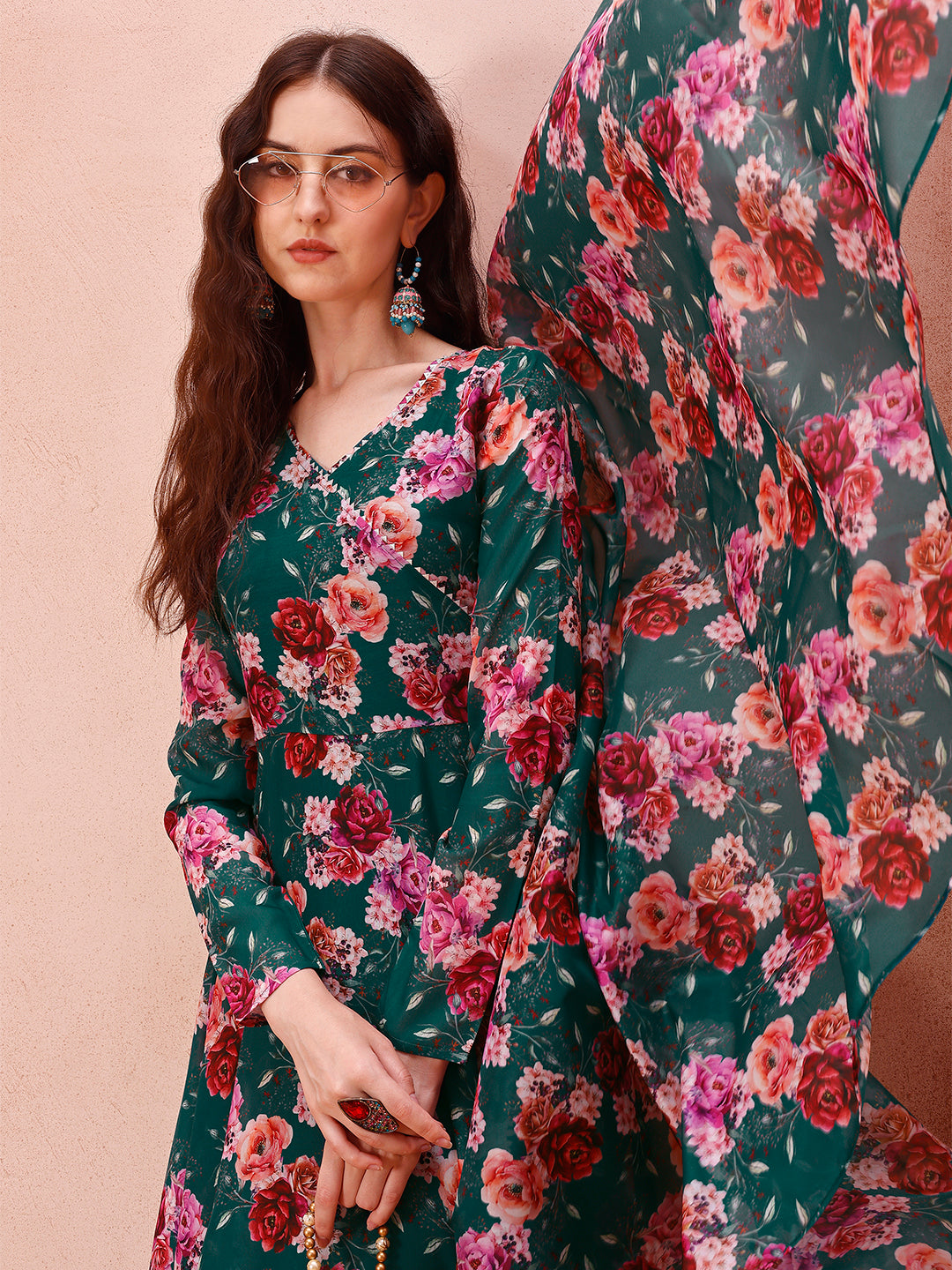 Floral Printed Angrakha style anarkali Flared kurta with pant & dupatta