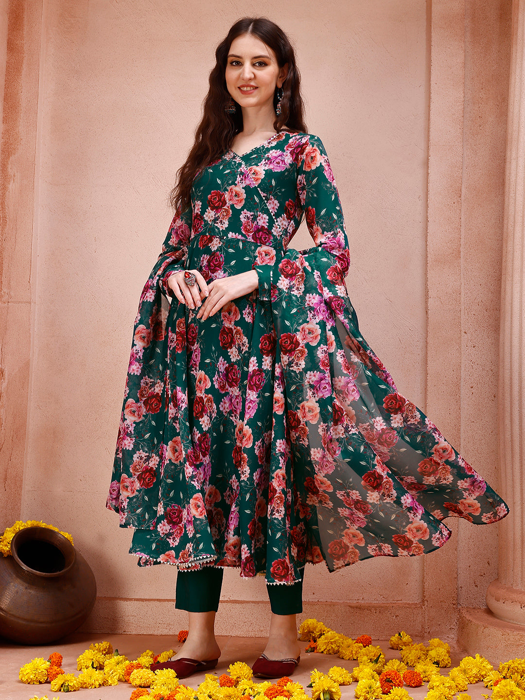 Floral Printed Angrakha style anarkali Flared kurta with pant & dupatta