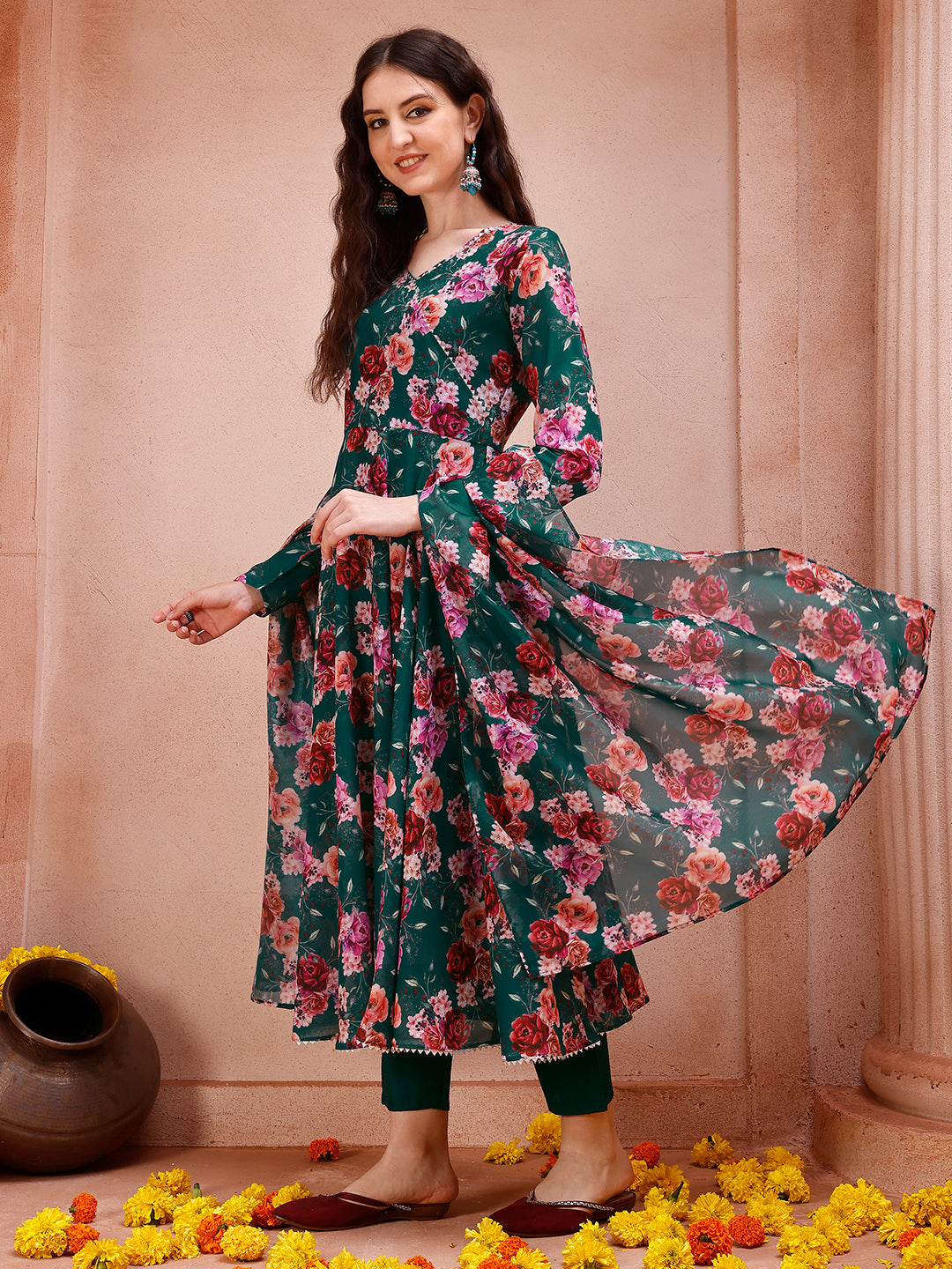 Floral Printed Angrakha style anarkali Flared kurta with pant & dupatta