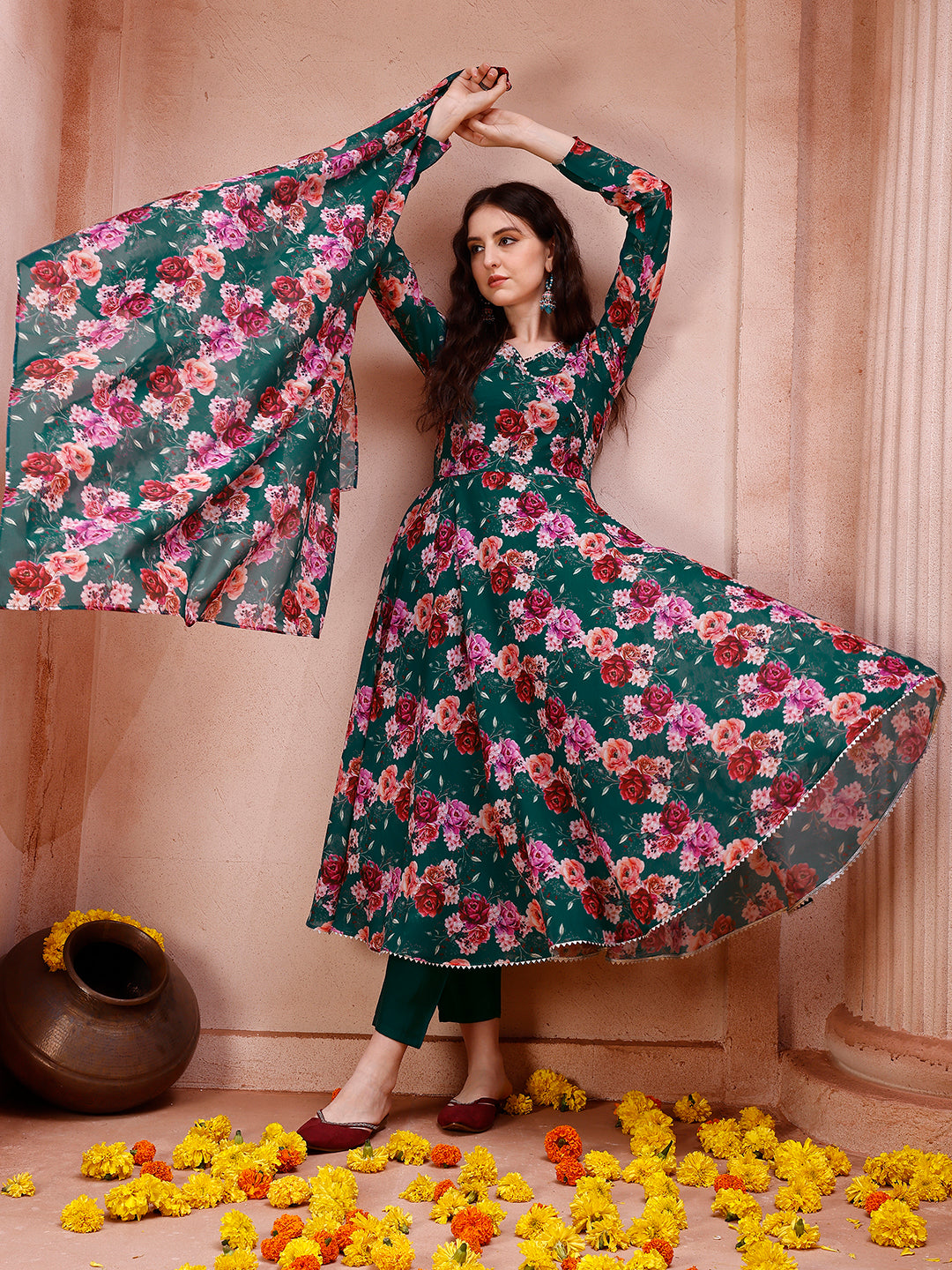 Floral Printed Angrakha style anarkali Flared kurta with pant & dupatta