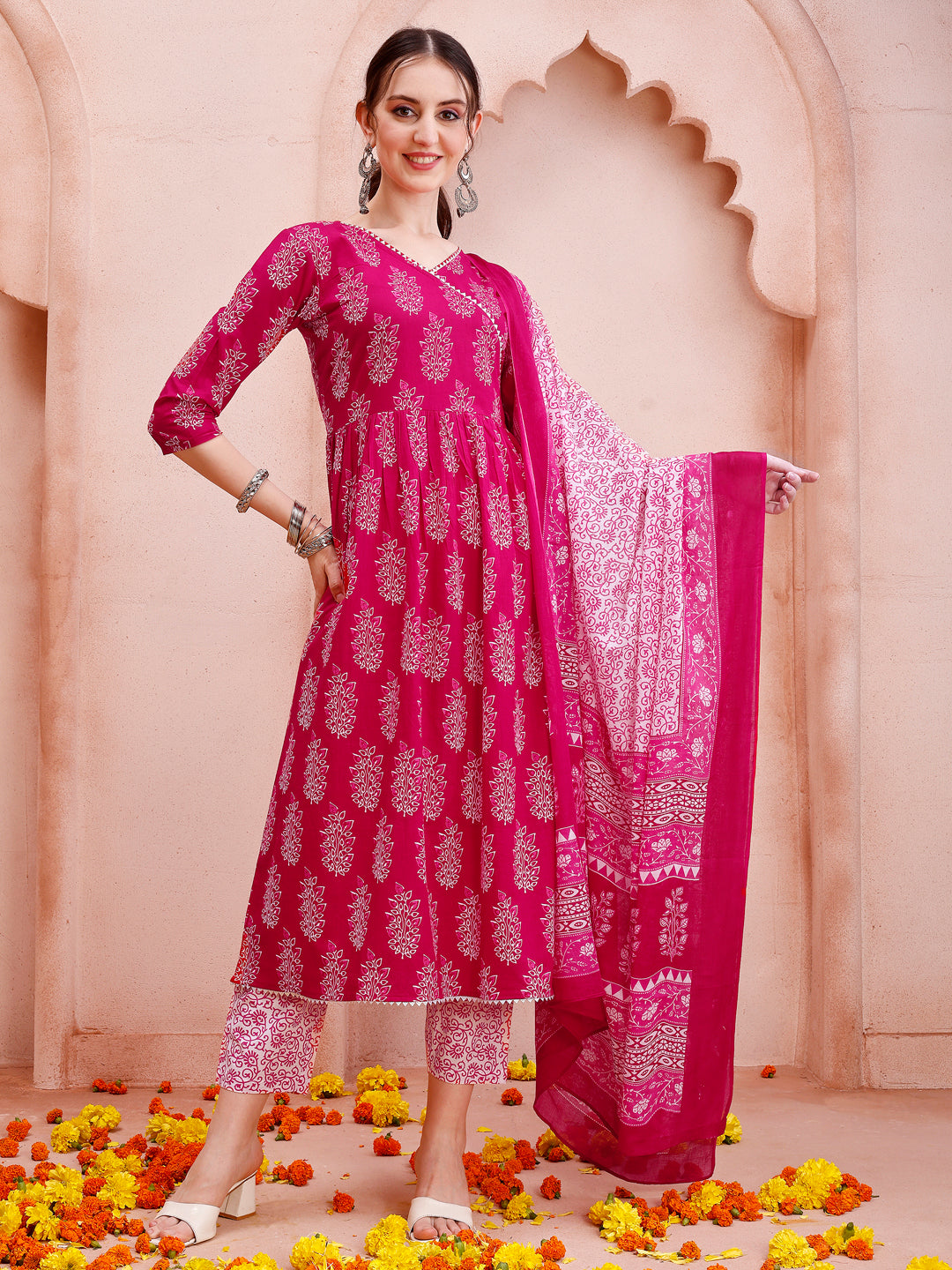 Angarakha style Anarkali Printed Kurta with Pant and Dupatta Set