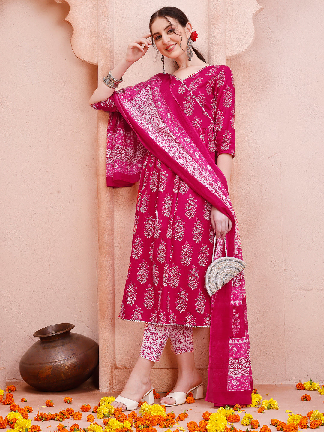 Angarakha style Anarkali Printed Kurta with Pant and Dupatta Set