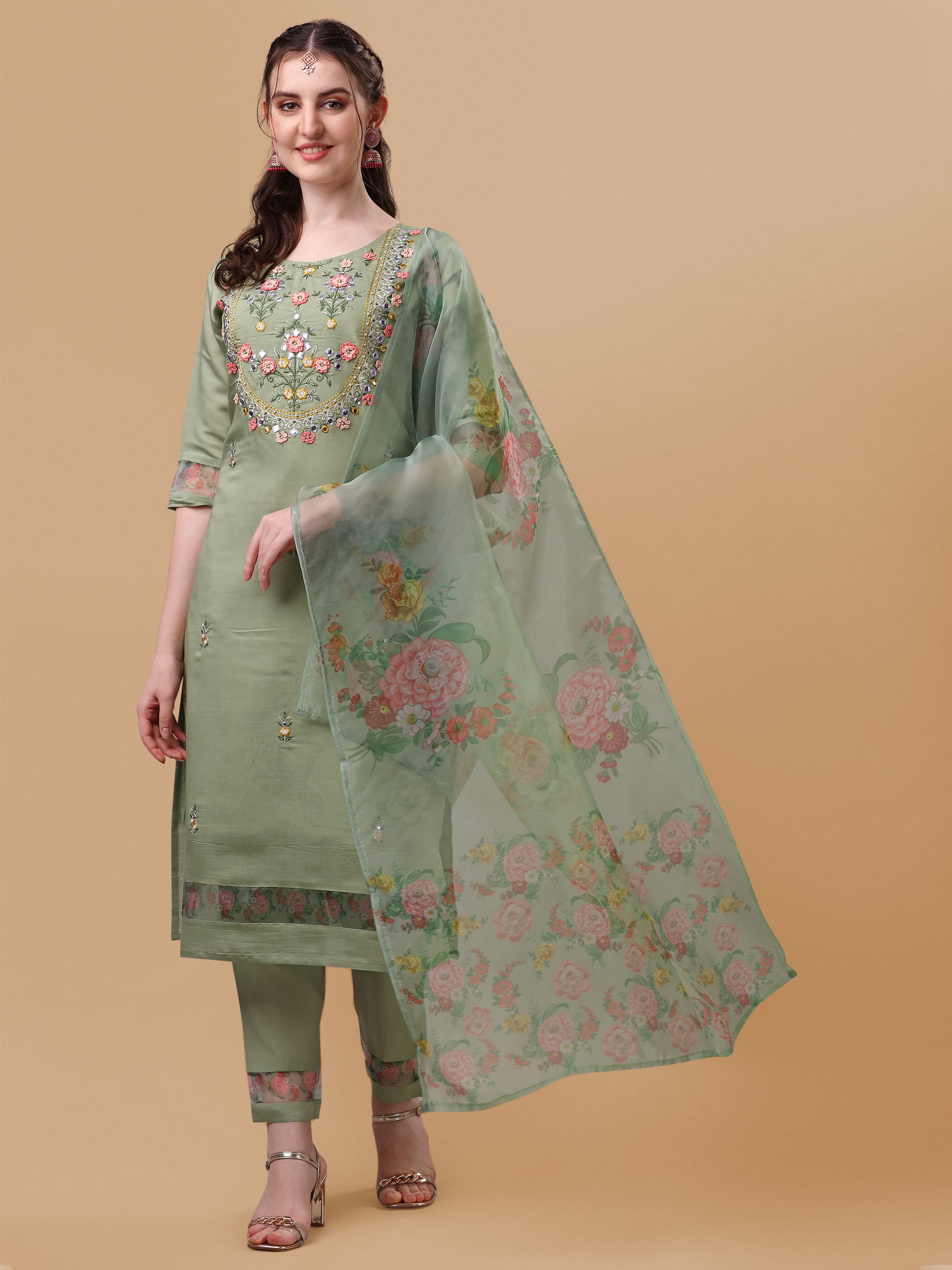 Hand Embroidered Kurta with Pant & Organza Printed Dupatta