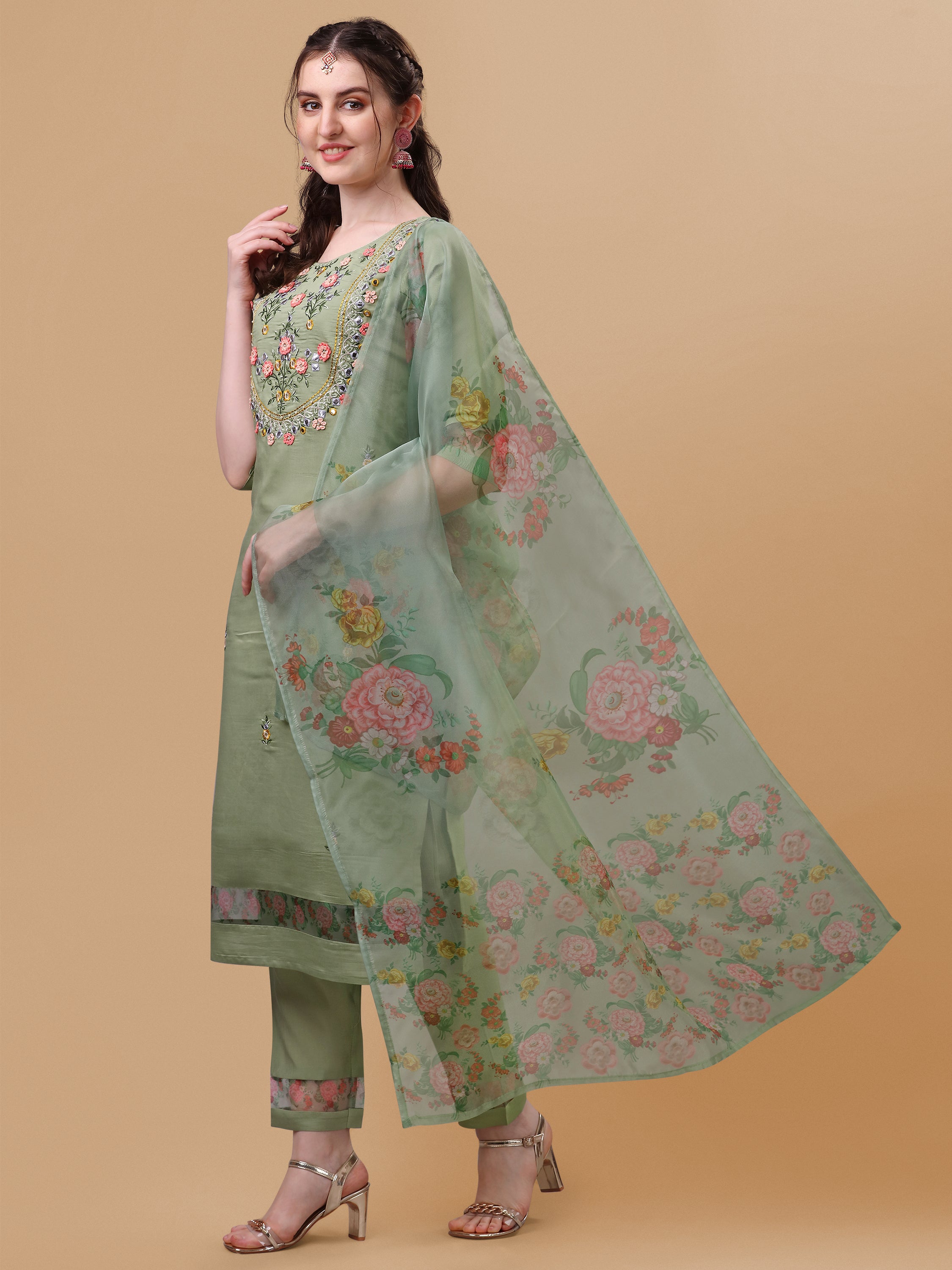 Hand Embroidered Kurta with Pant & Organza Printed Dupatta