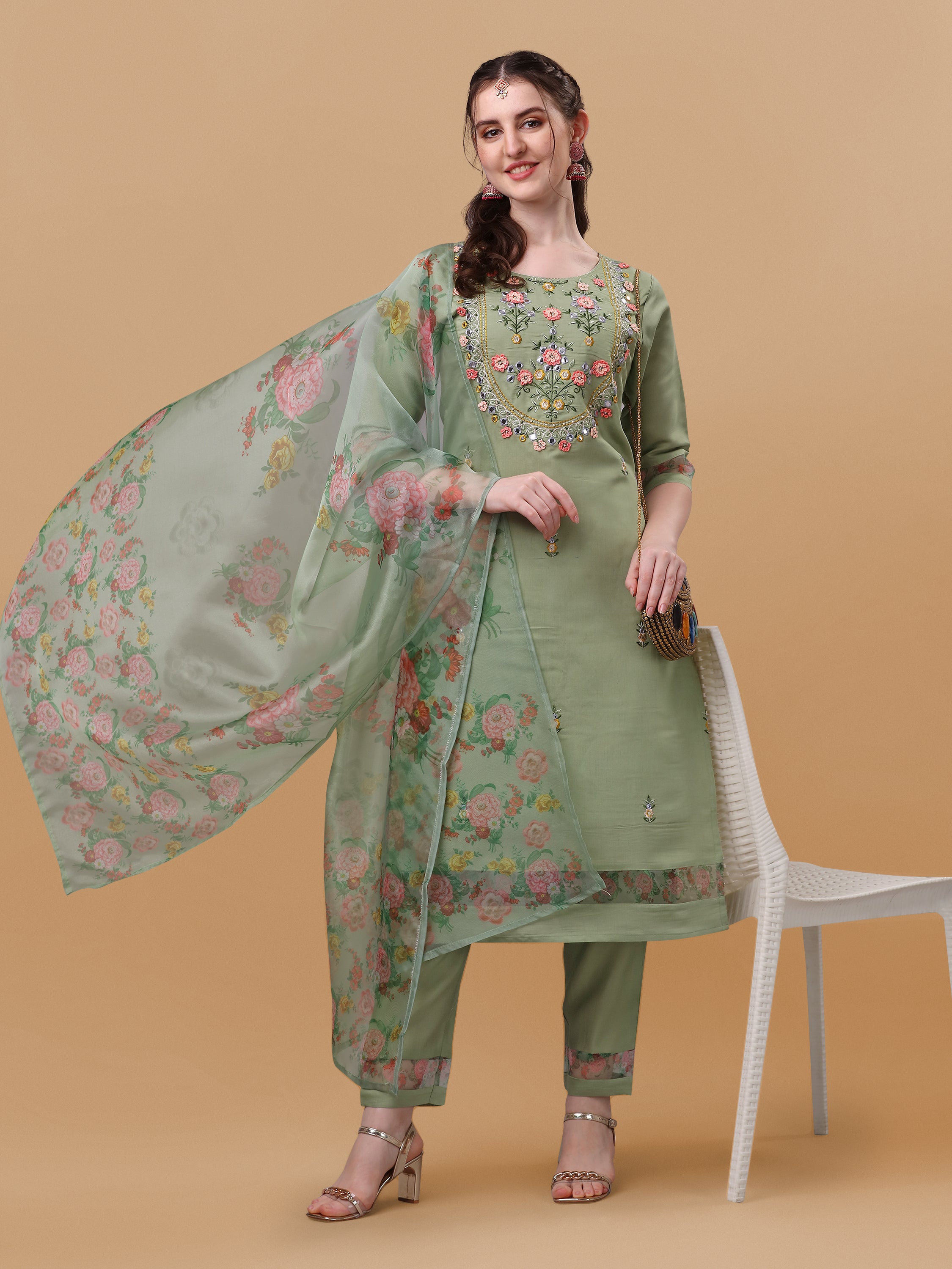 Hand Embroidered Kurta with Pant & Organza Printed Dupatta