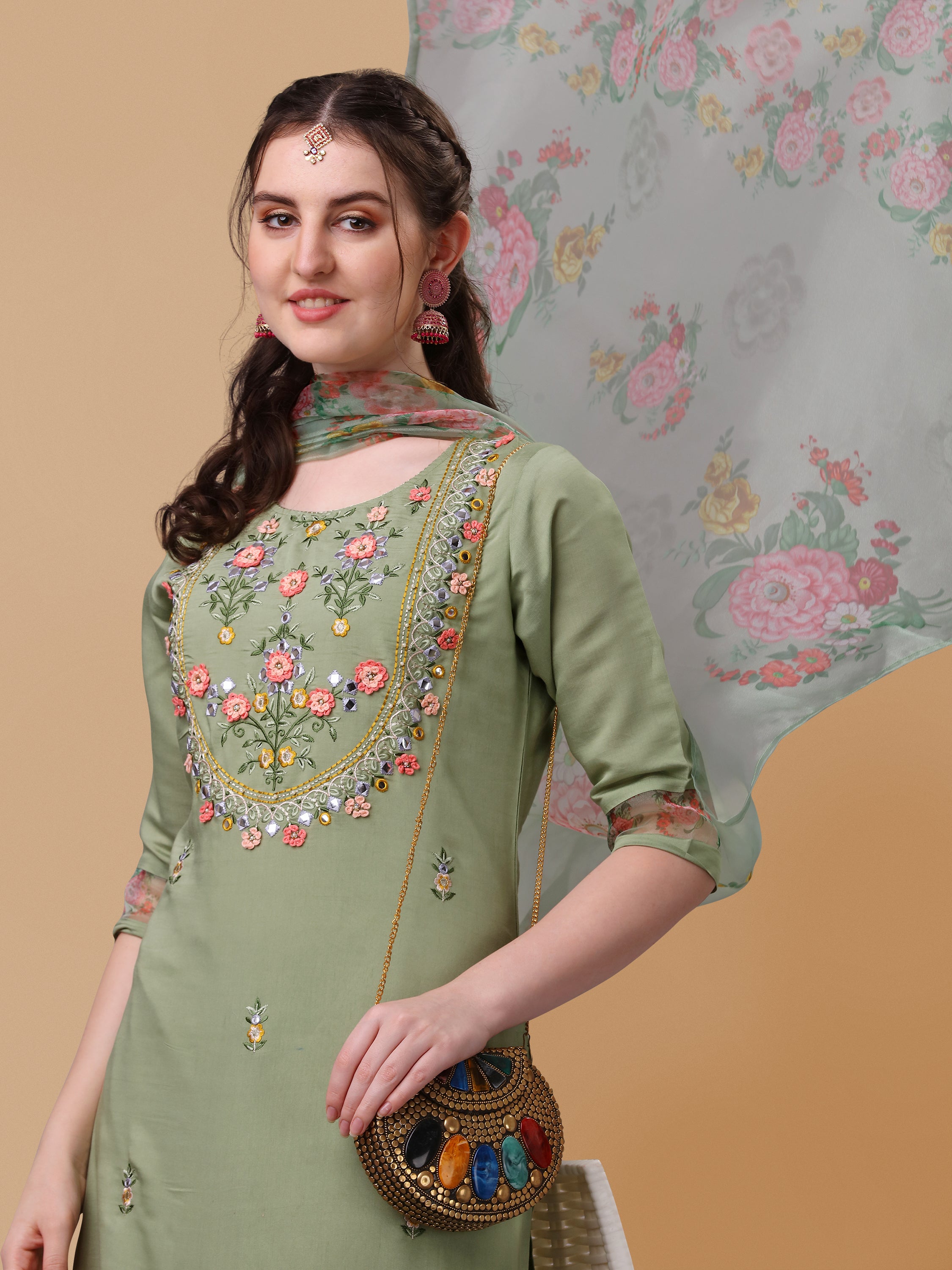 Hand Embroidered Kurta with Pant & Organza Printed Dupatta