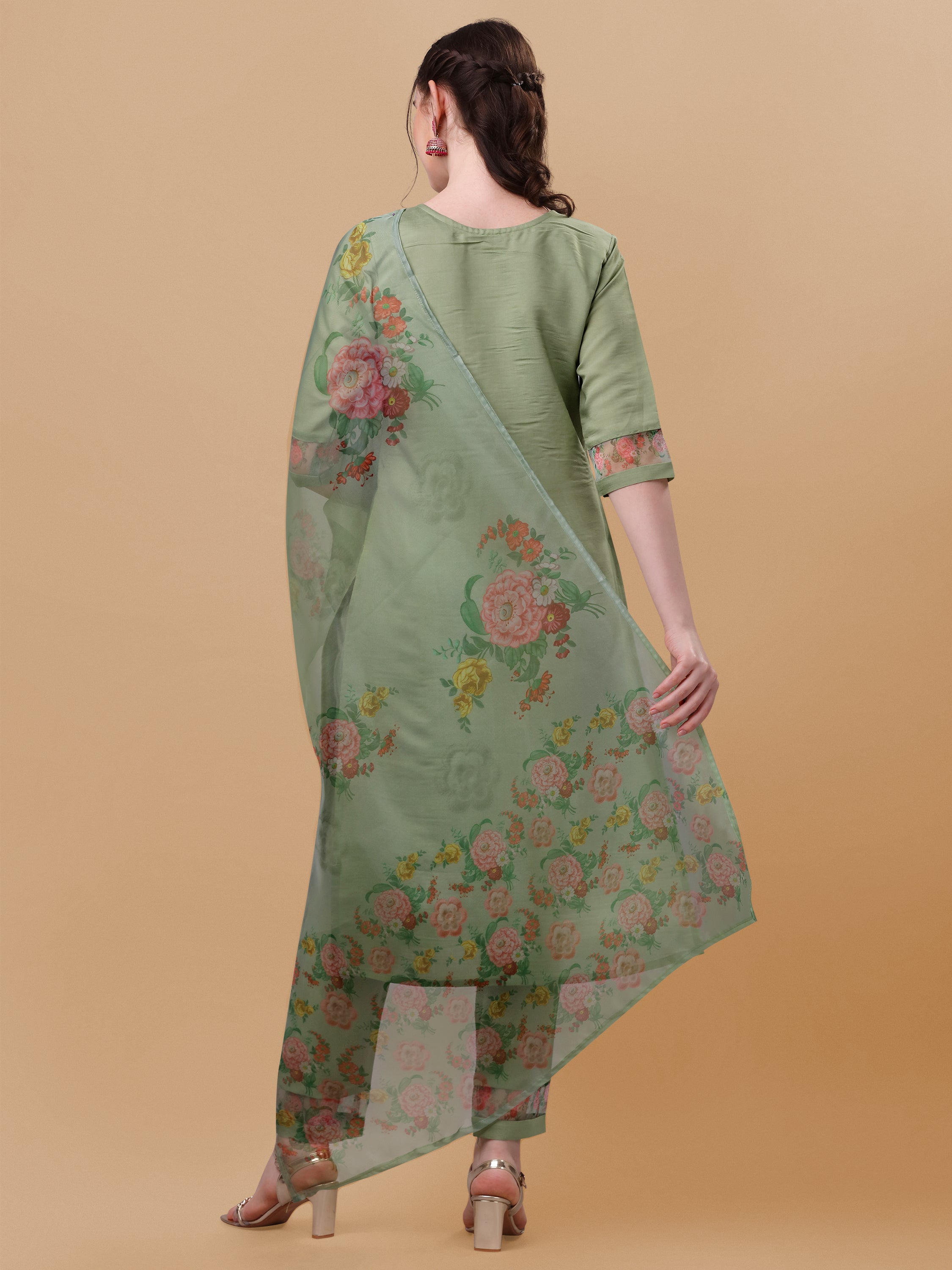 Hand Embroidered Kurta with Pant & Organza Printed Dupatta