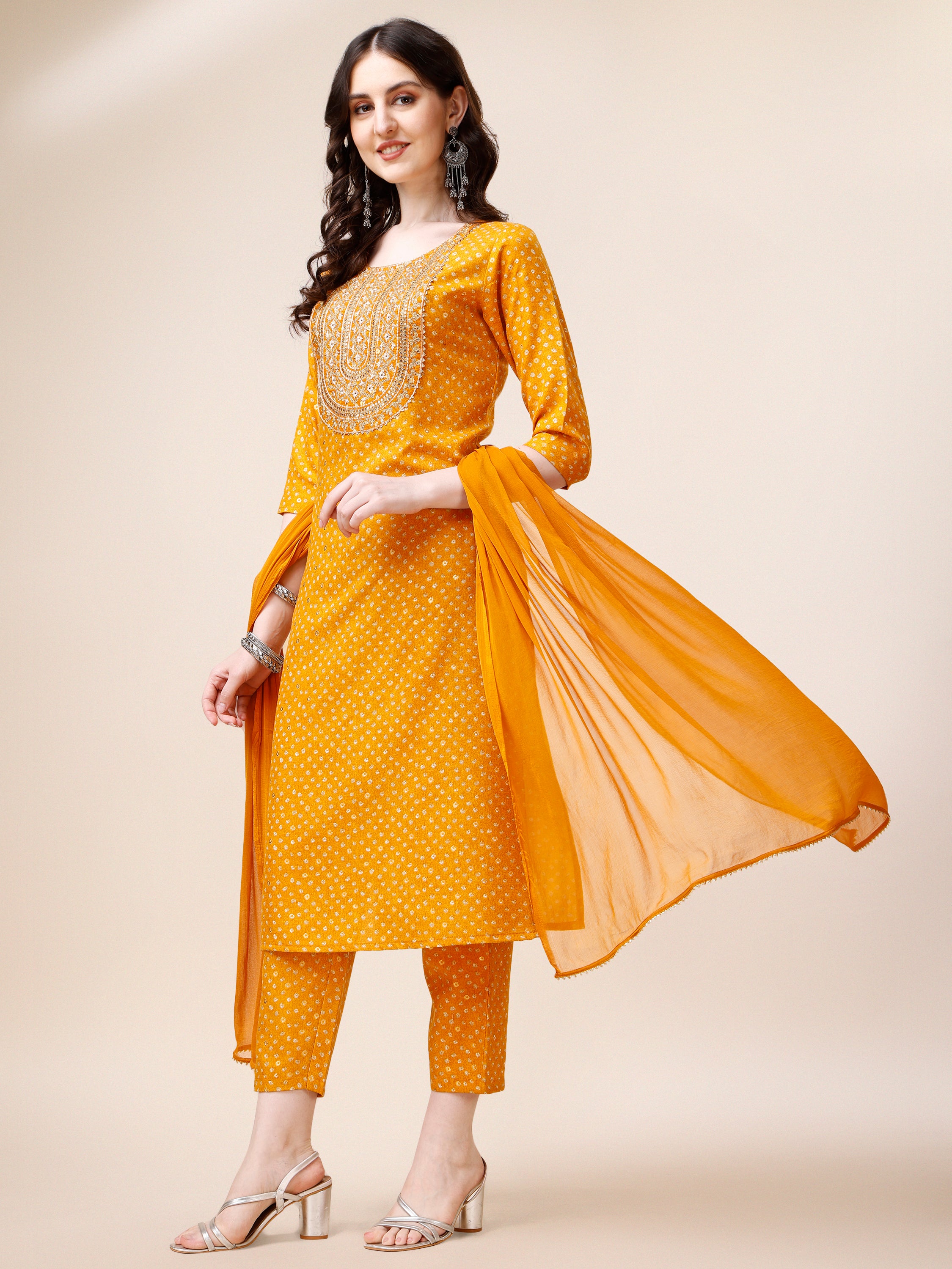 Embroidered Cotton Kurta with Pant and Dupatta set